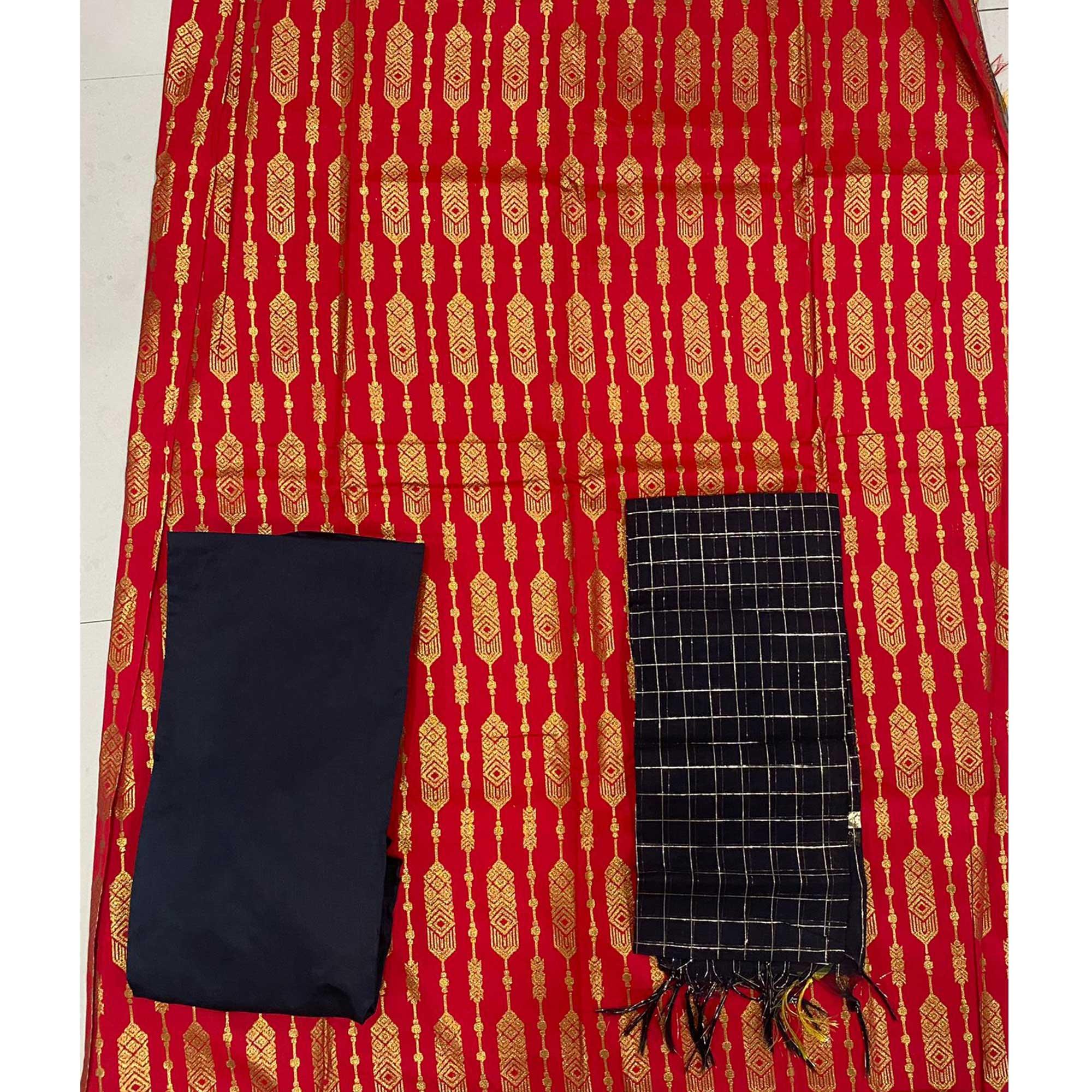 Red Woven Banarasi Silk Dress Material - Peachmode