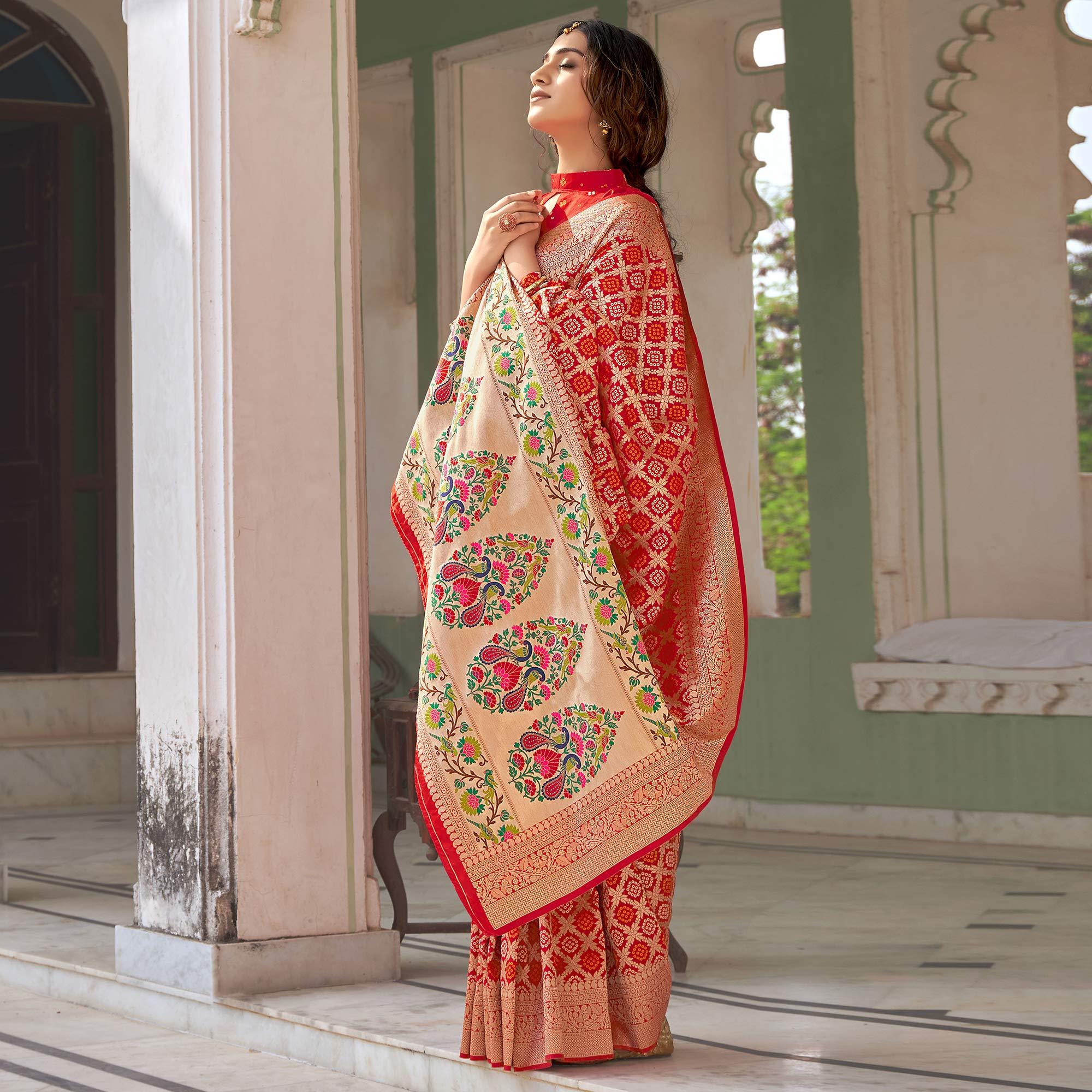 Red Woven Banarasi Silk Saree - Peachmode