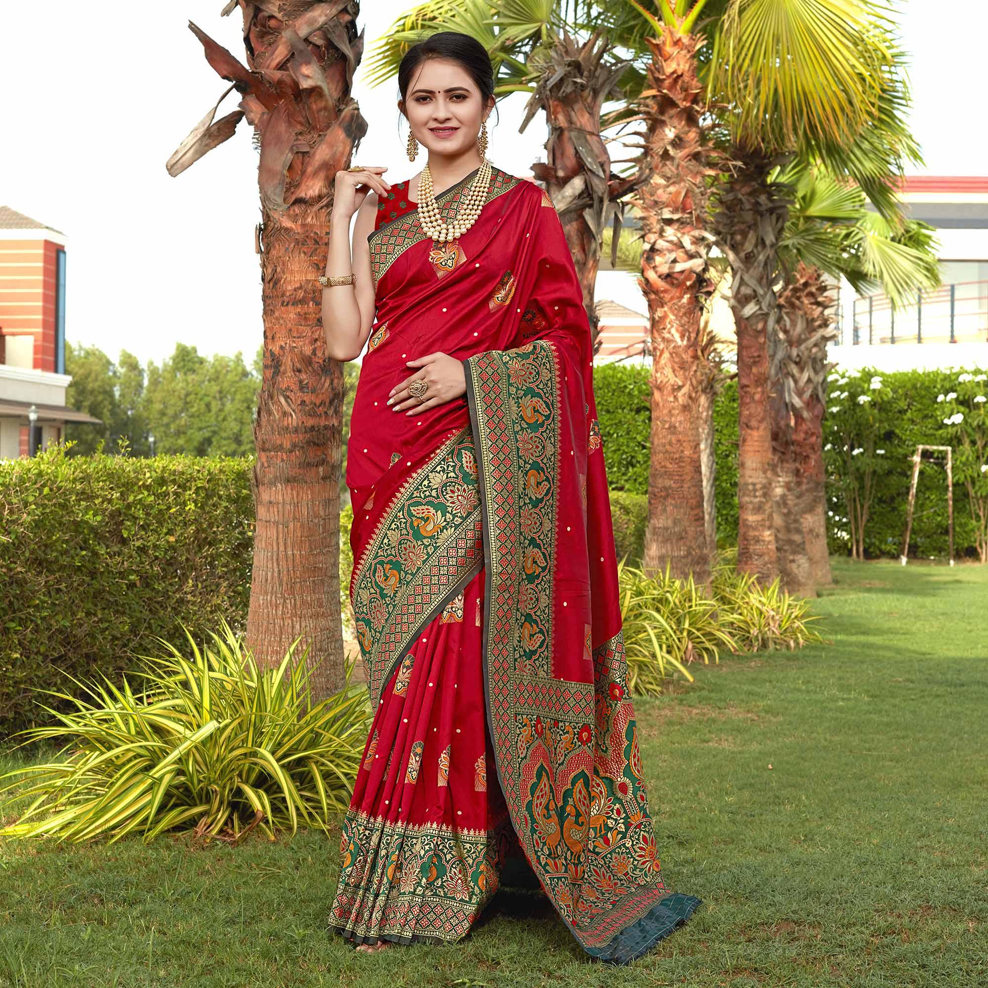 Red Woven Banarasi Silk Saree - Peachmode