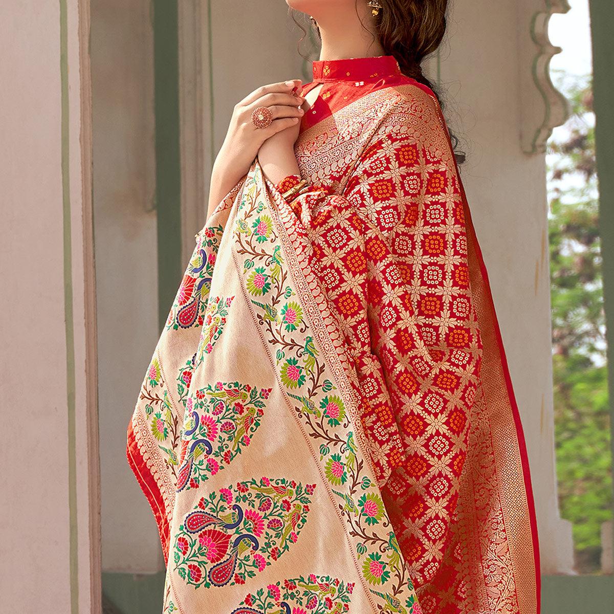 Red Woven Banarasi Silk Saree - Peachmode