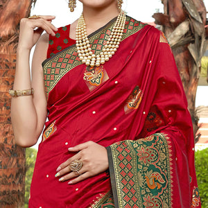 Red Woven Banarasi Silk Saree - Peachmode