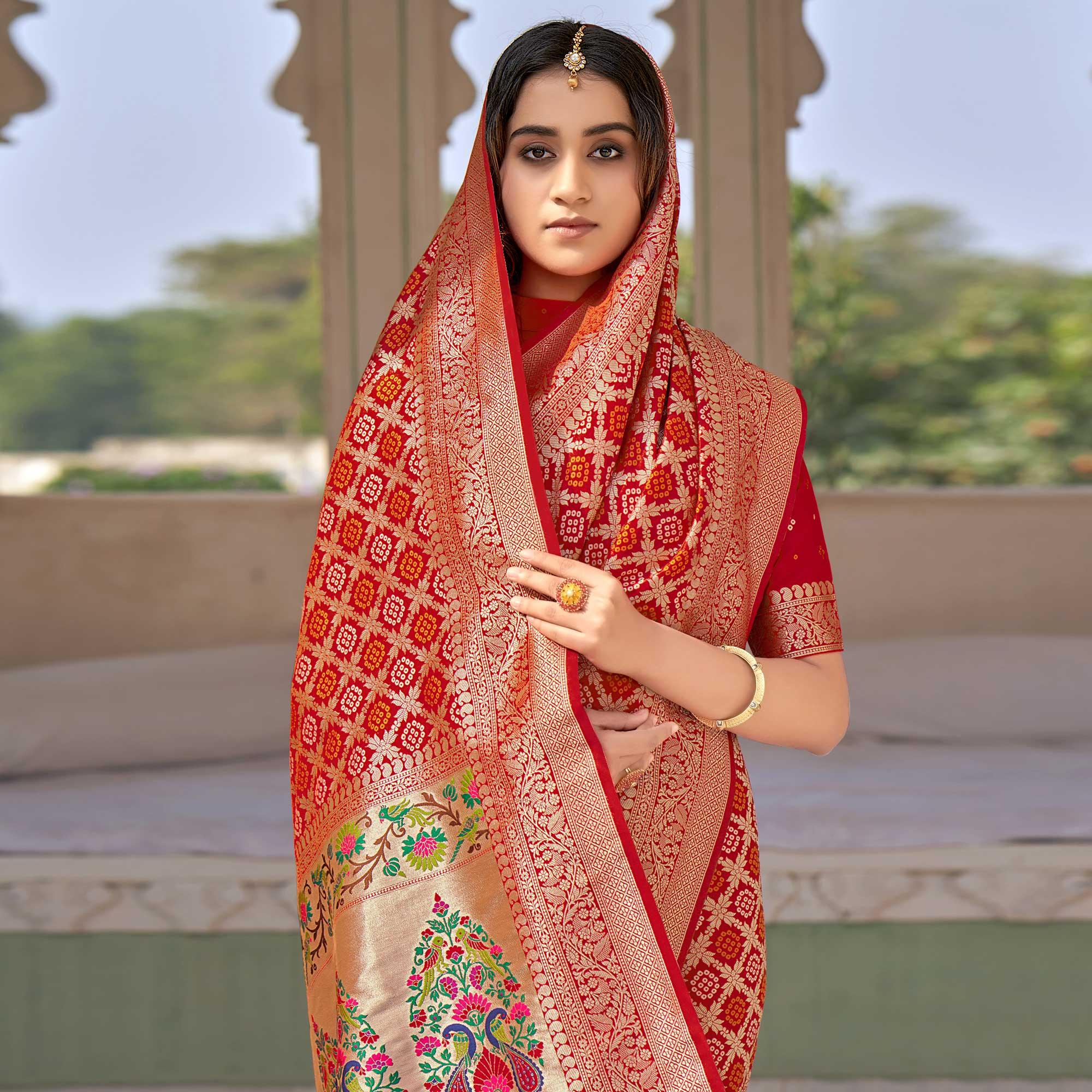 Red Woven Banarasi Silk Saree - Peachmode