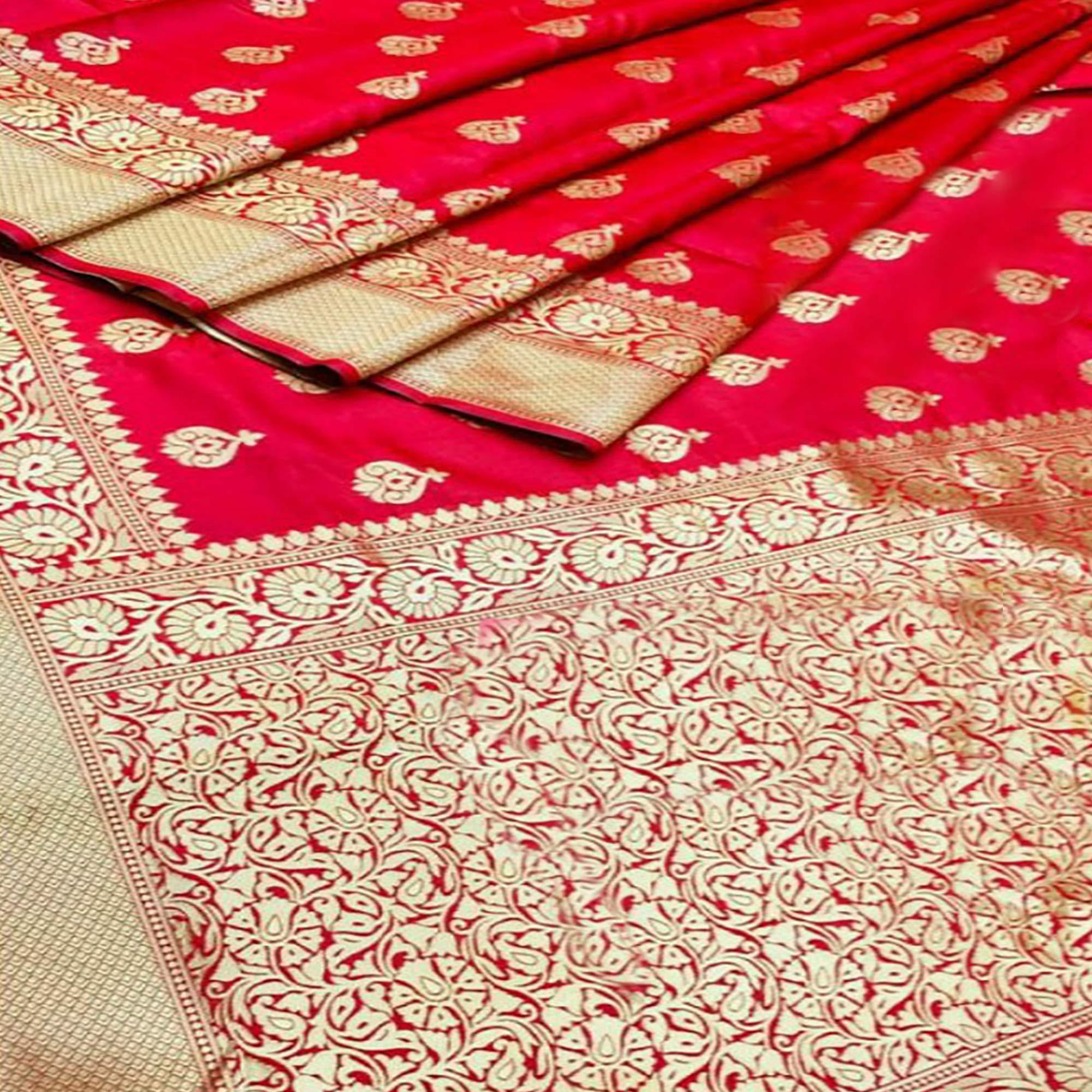 Red Woven Banarasi Silk Saree - Peachmode