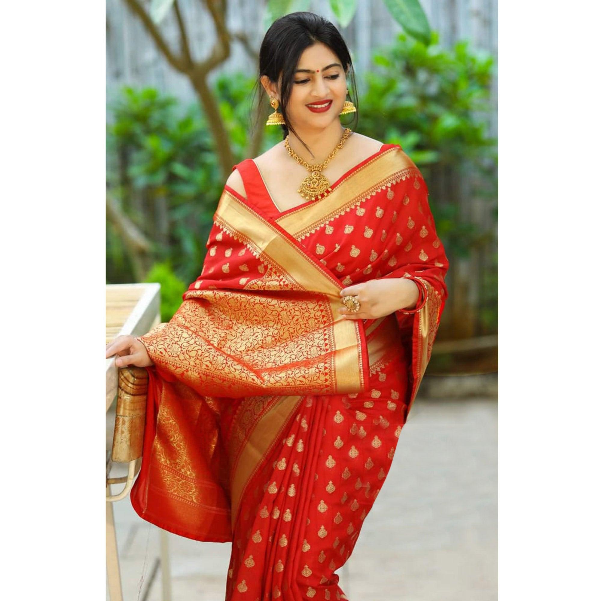 Red Woven Banarasi Silk Saree - Peachmode