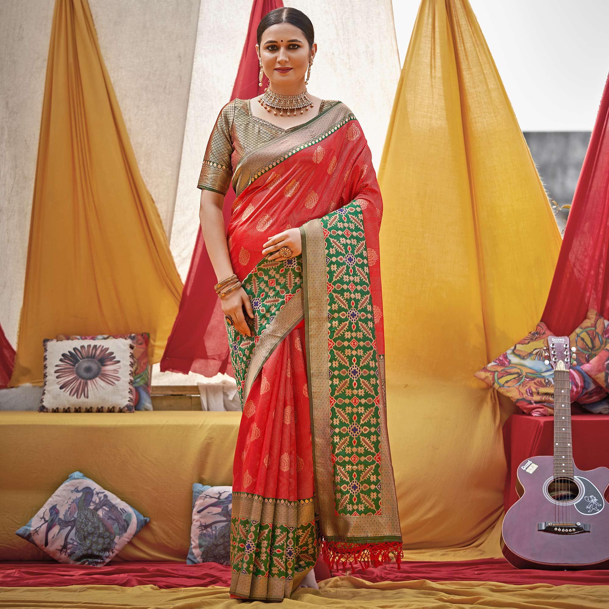 Red Woven Banarasi Silk Saree With Tassels - Peachmode