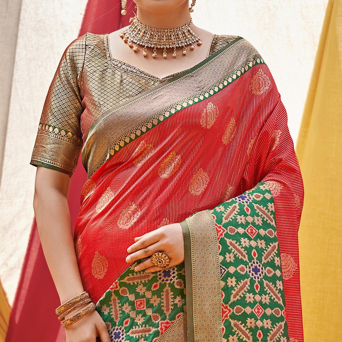 Red Woven Banarasi Silk Saree With Tassels - Peachmode