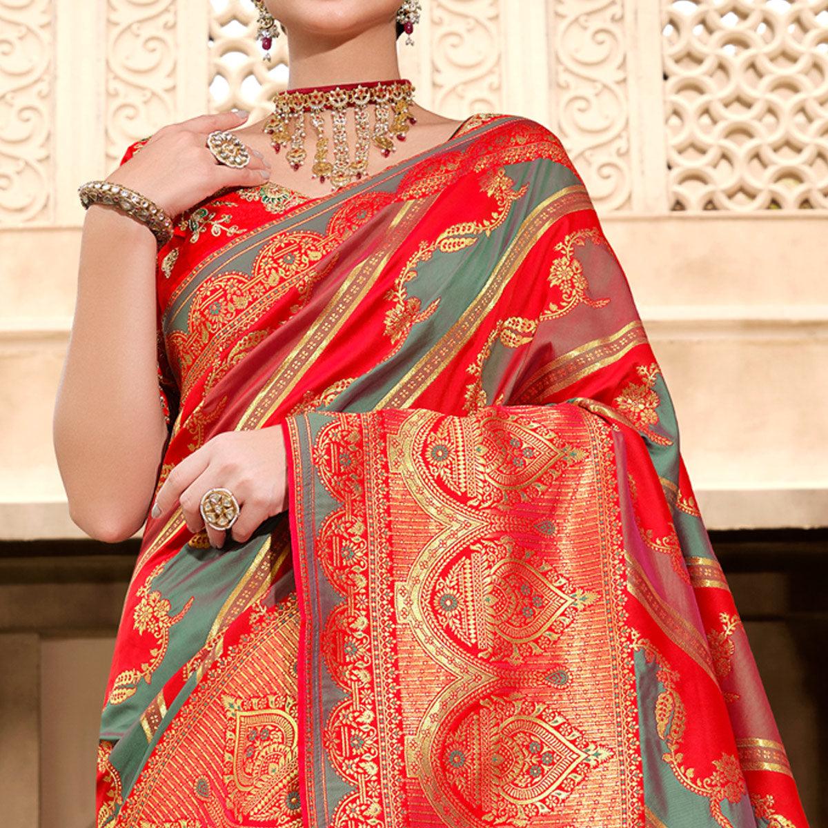 Red Woven Banarasi Silk Saree With Tassels - Peachmode