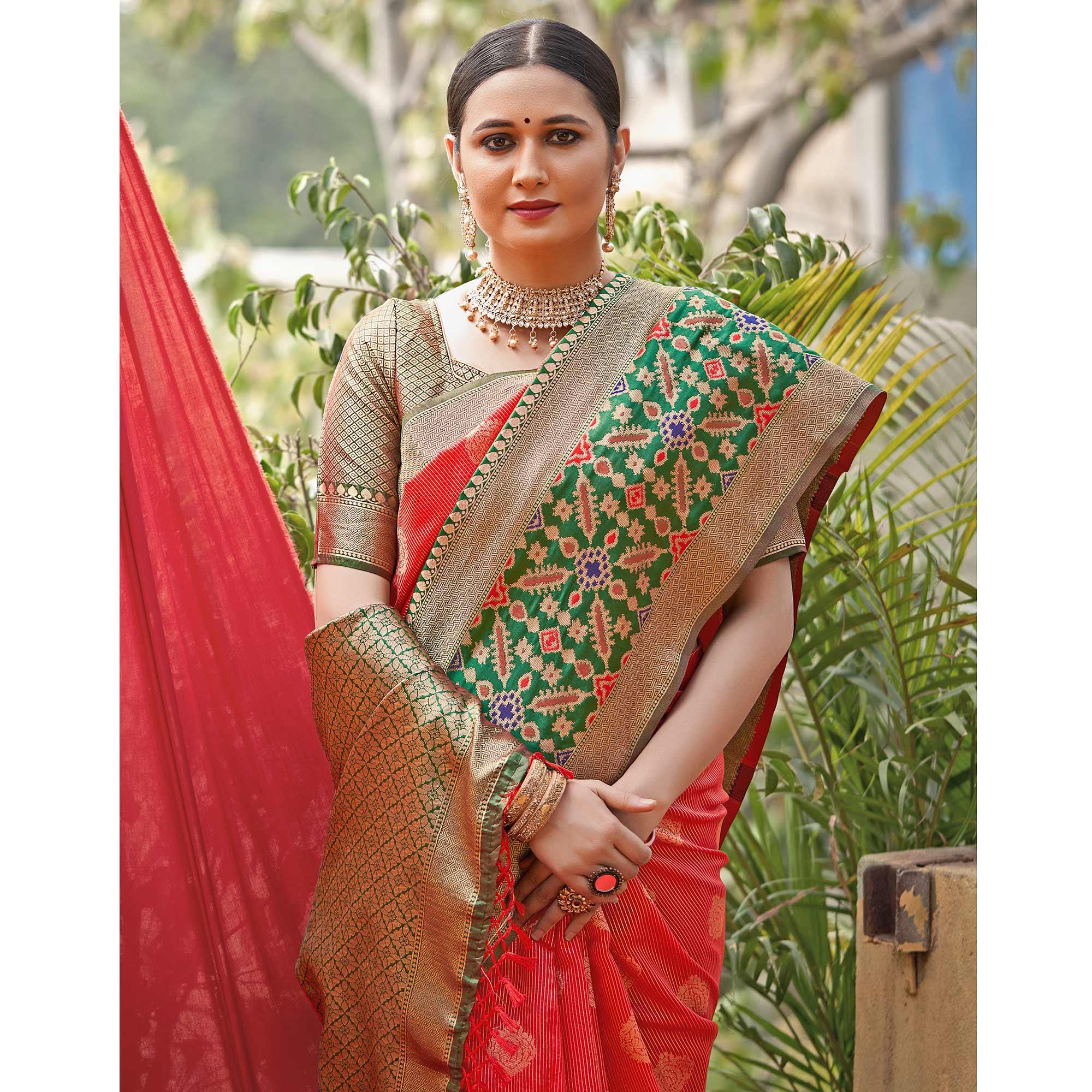 Red Woven Banarasi Silk Saree With Tassels - Peachmode