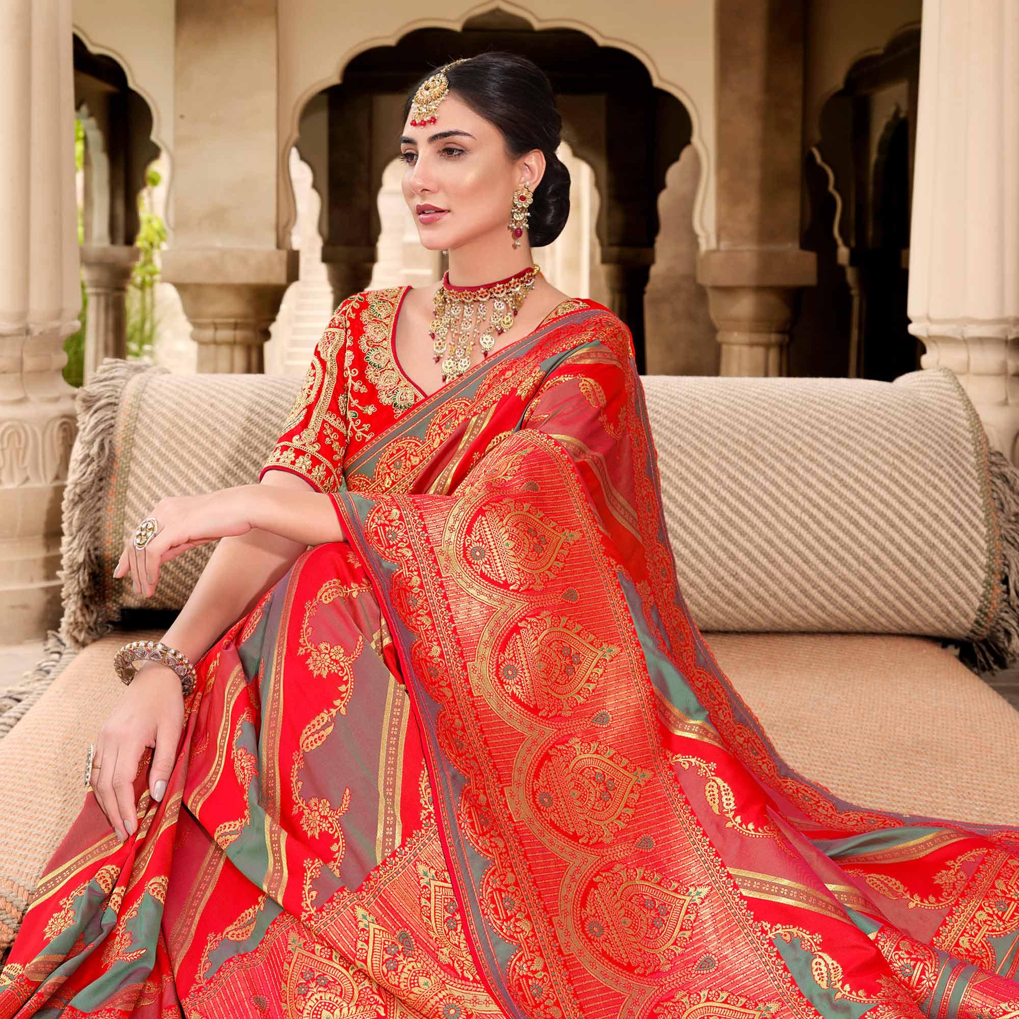 Red Woven Banarasi Silk Saree With Tassels - Peachmode