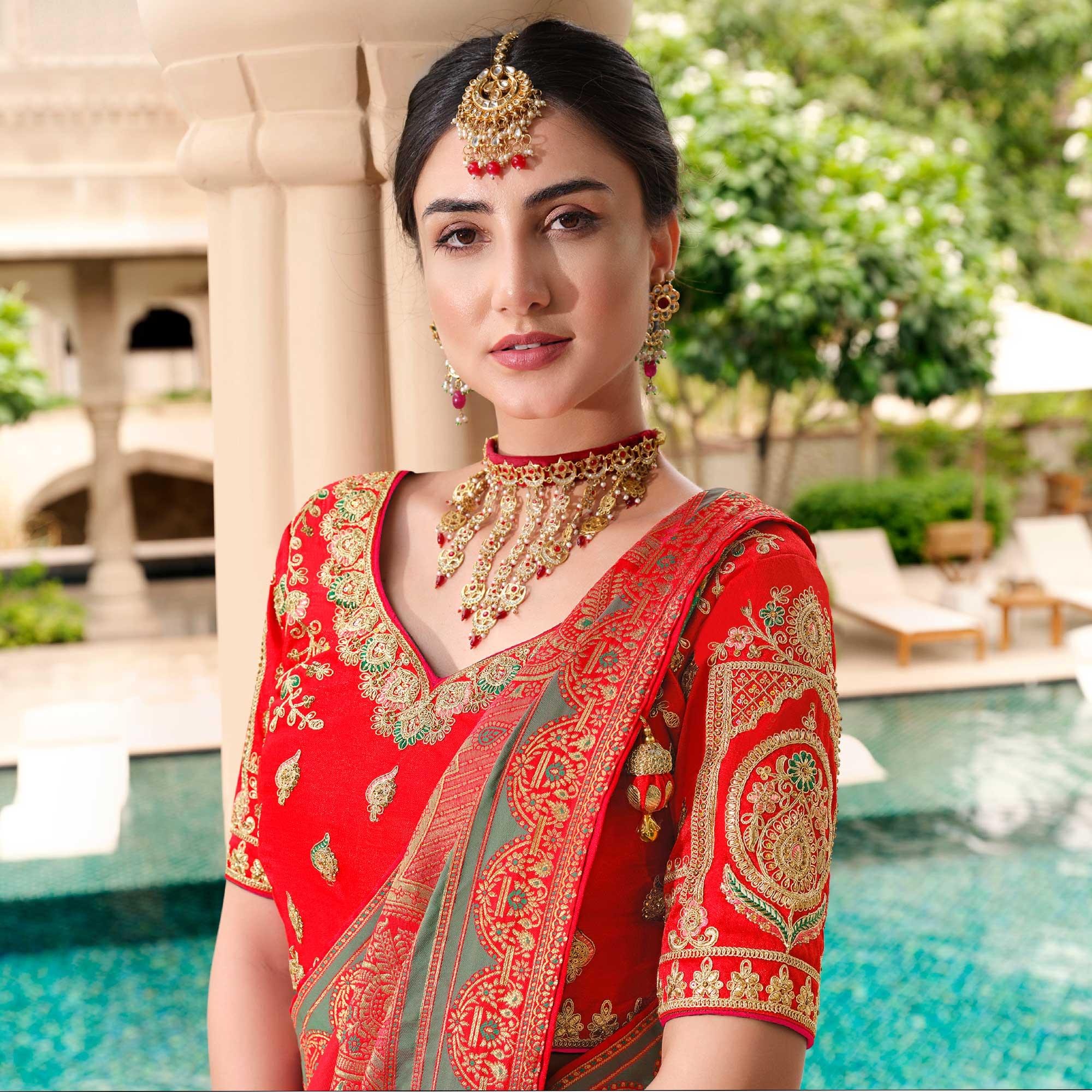 Red Woven Banarasi Silk Saree With Tassels - Peachmode