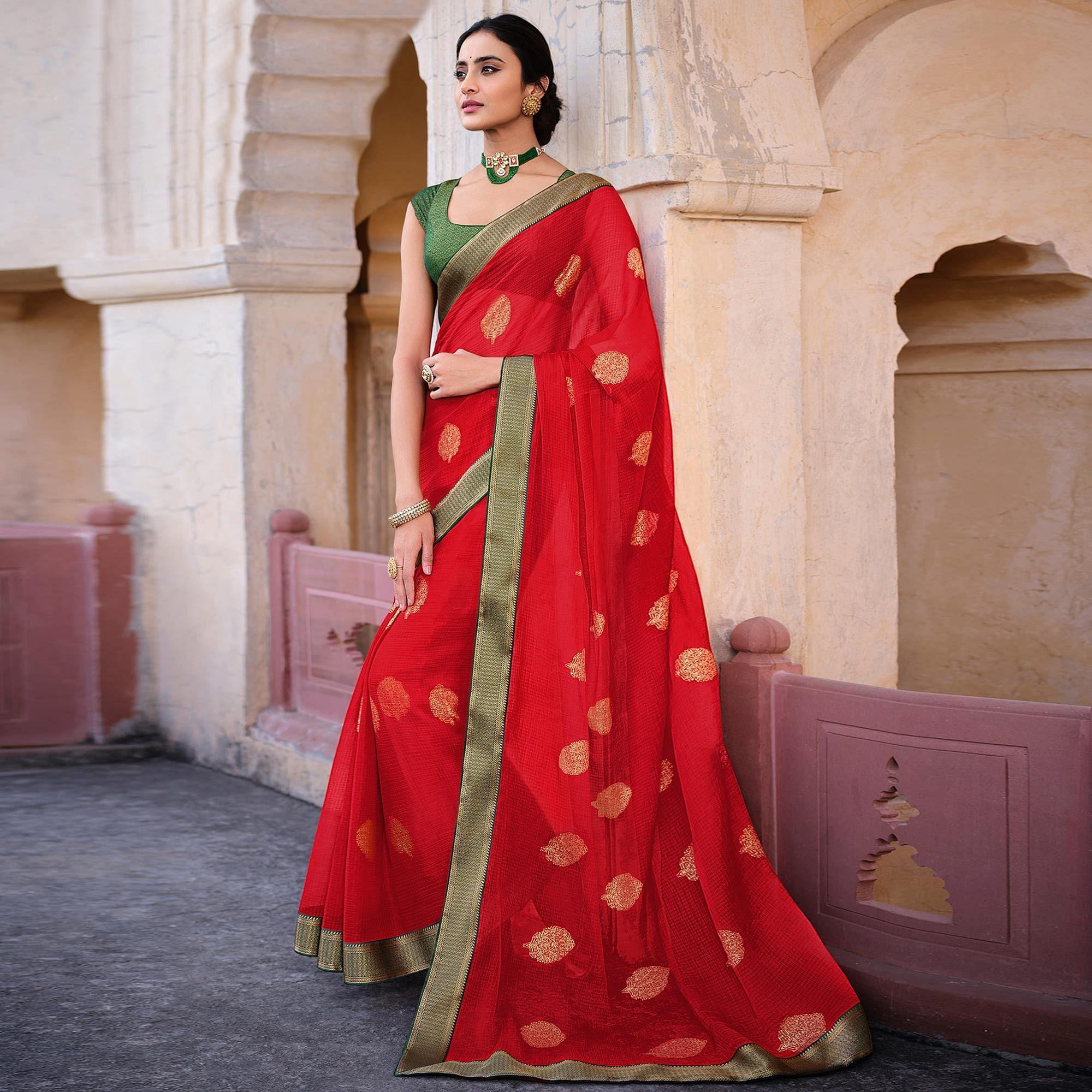 Red Woven Chiffon Saree - Peachmode