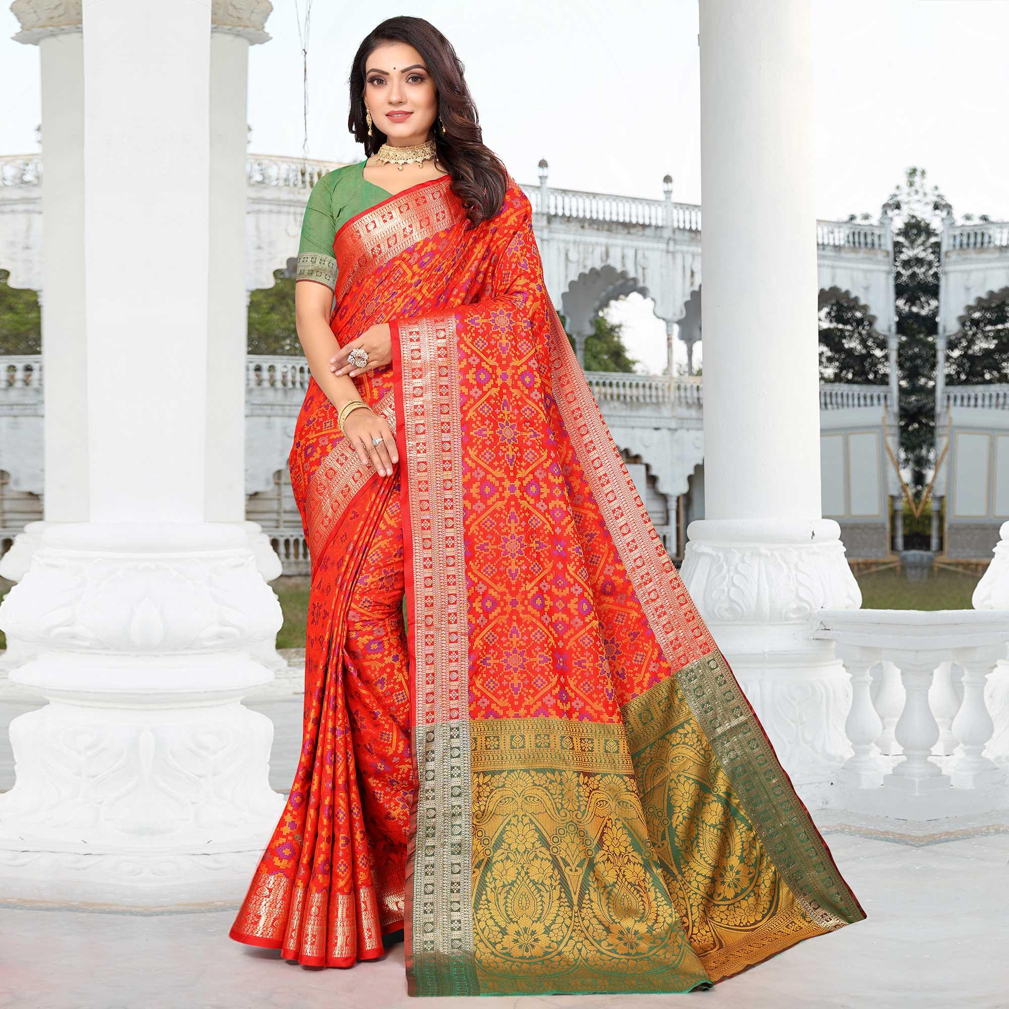 Red Woven Cotton Silk Saree - Peachmode