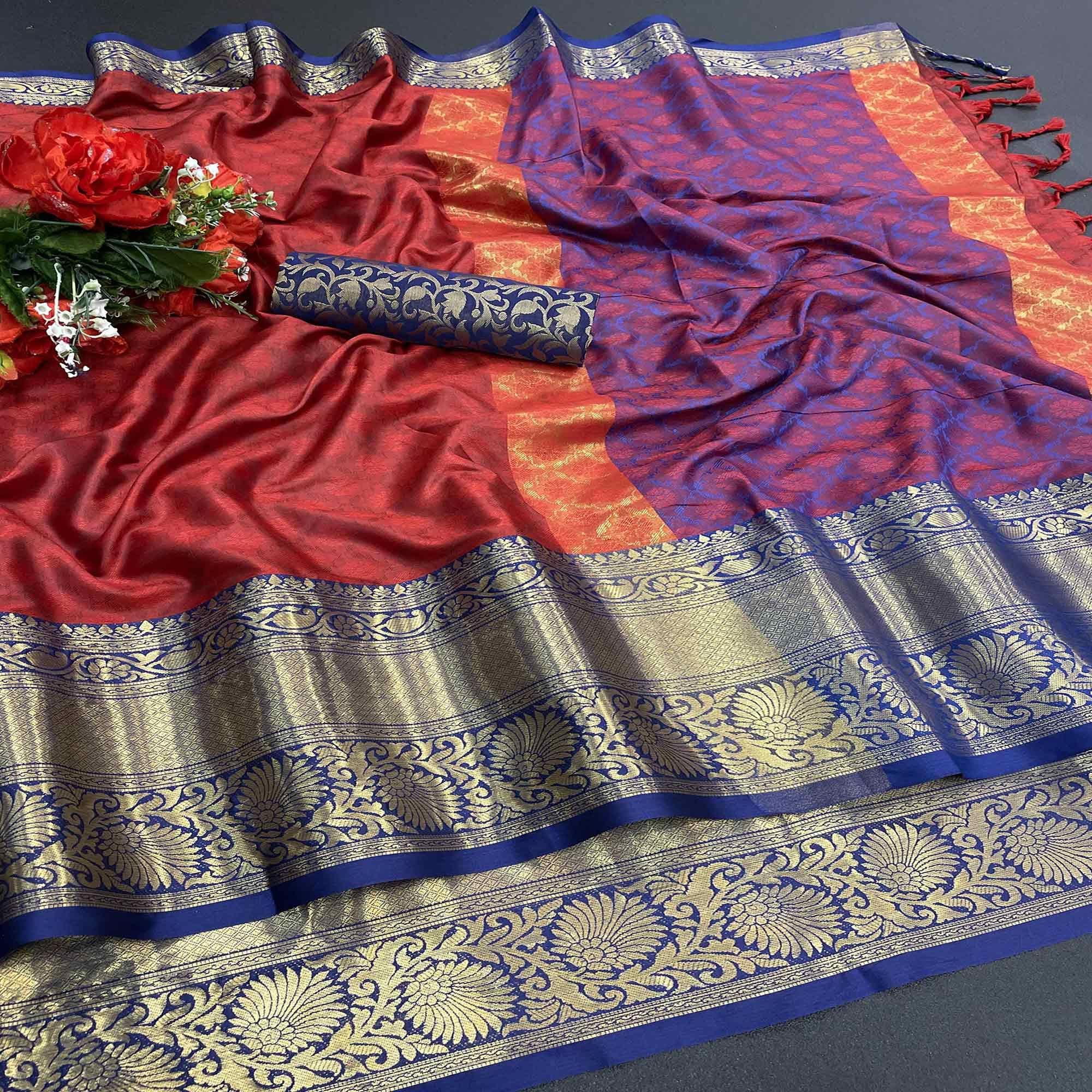 Red Woven Cotton Silk Saree - Peachmode