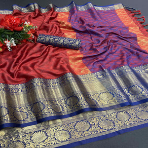 Red Woven Cotton Silk Saree - Peachmode