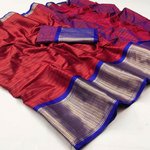 Red Woven Cotton Silk Saree - Peachmode