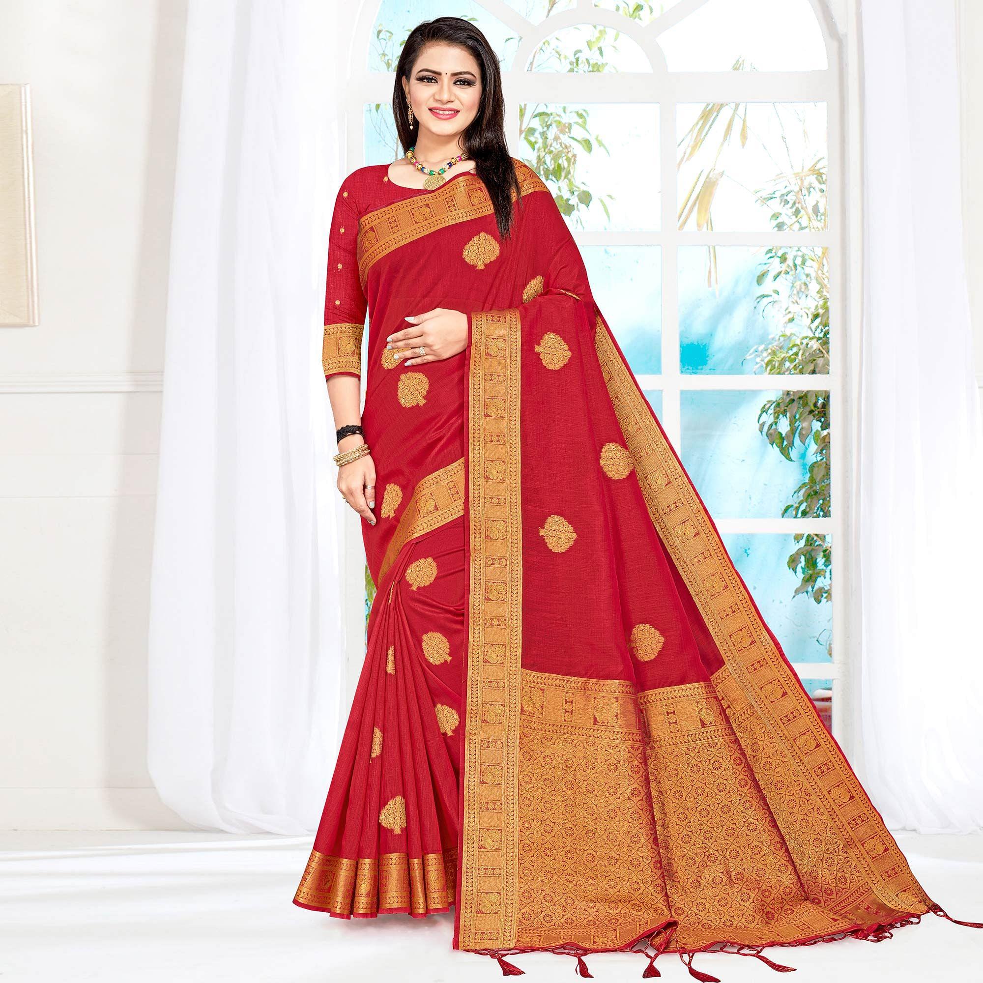 Red Woven Cotton Silk Saree - Peachmode