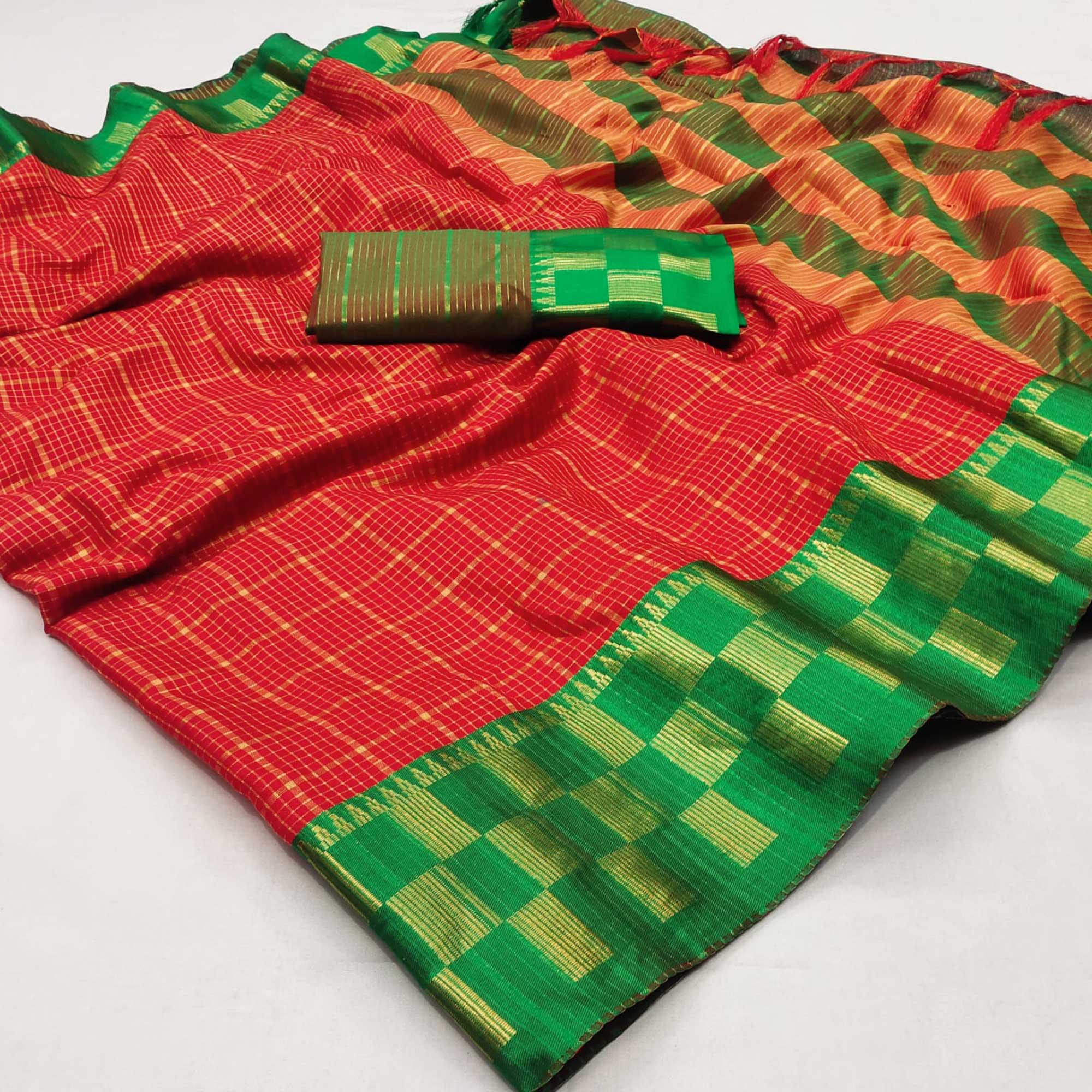 Red Woven Cotton Silk Saree - Peachmode