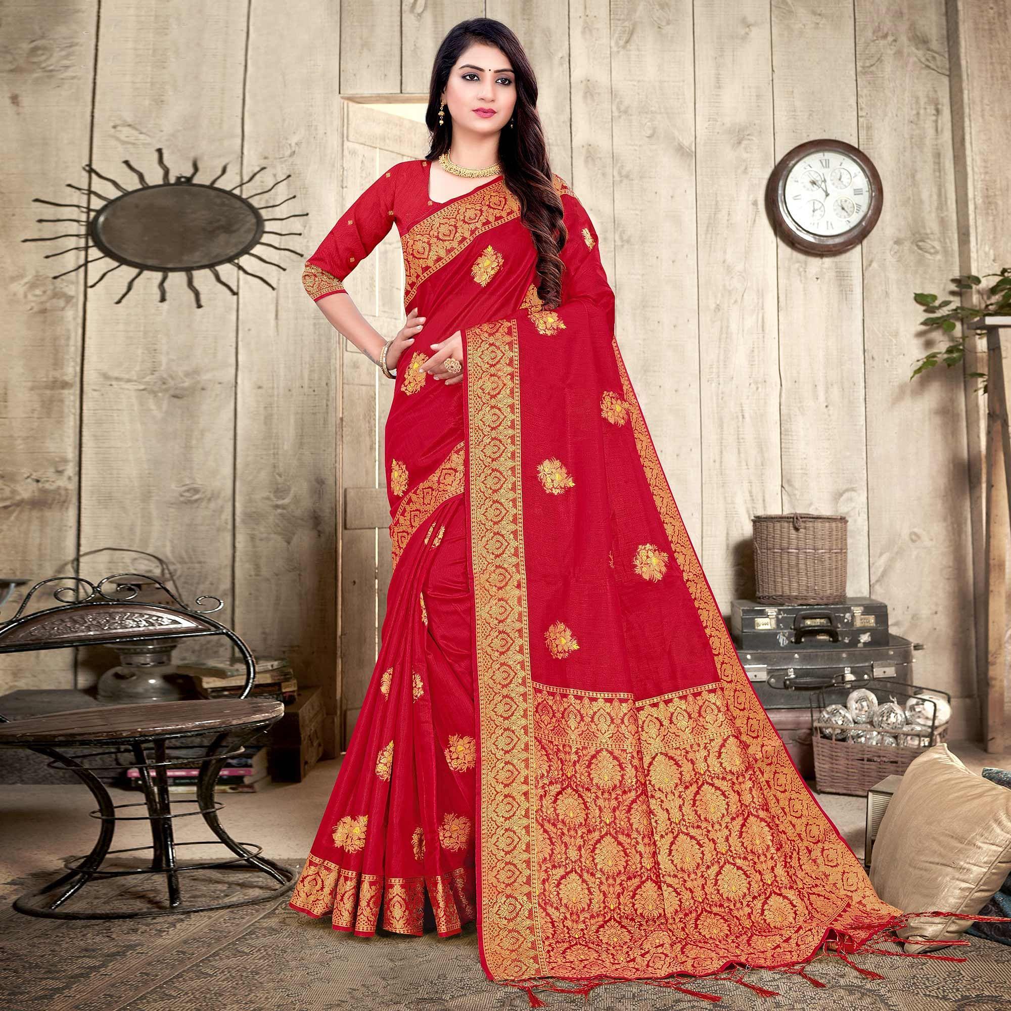 Red Woven Cotton Silk Saree - Peachmode