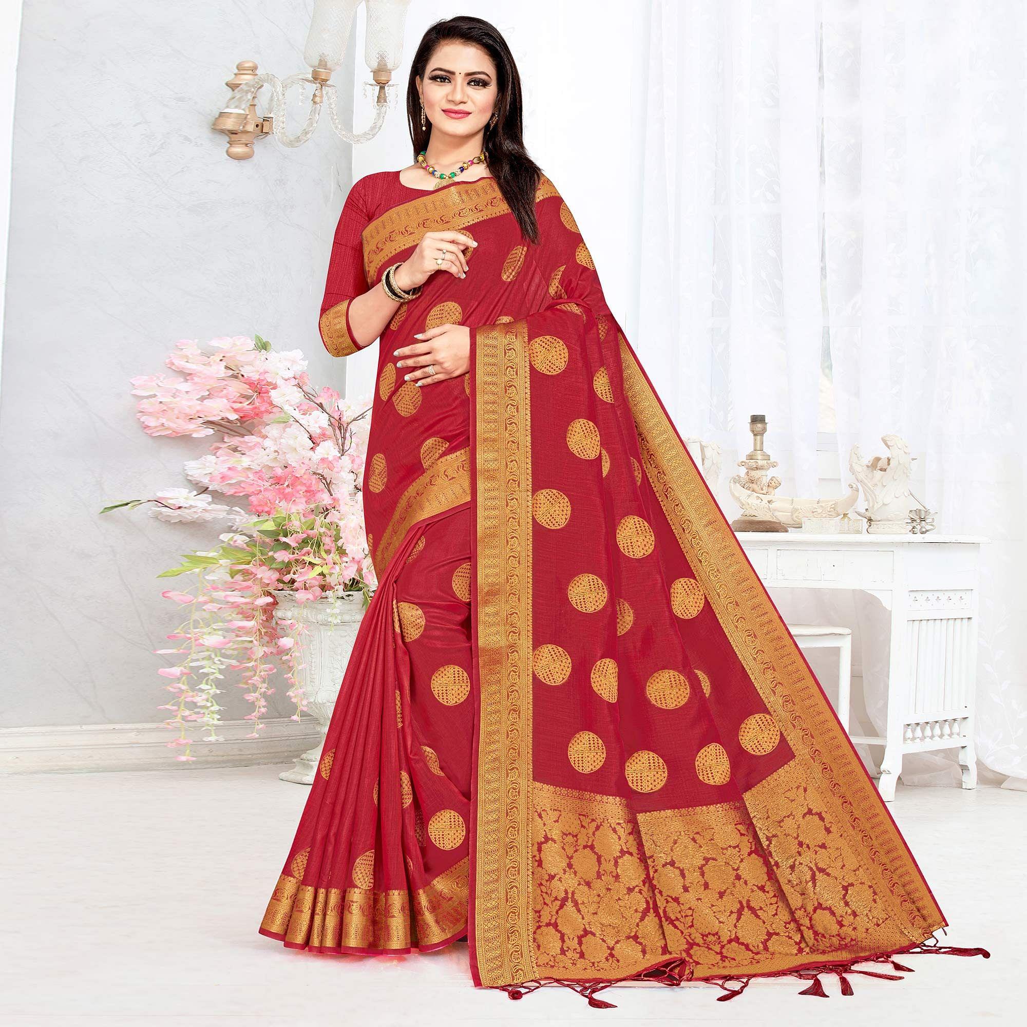 Red Woven Cotton Silk Saree - Peachmode