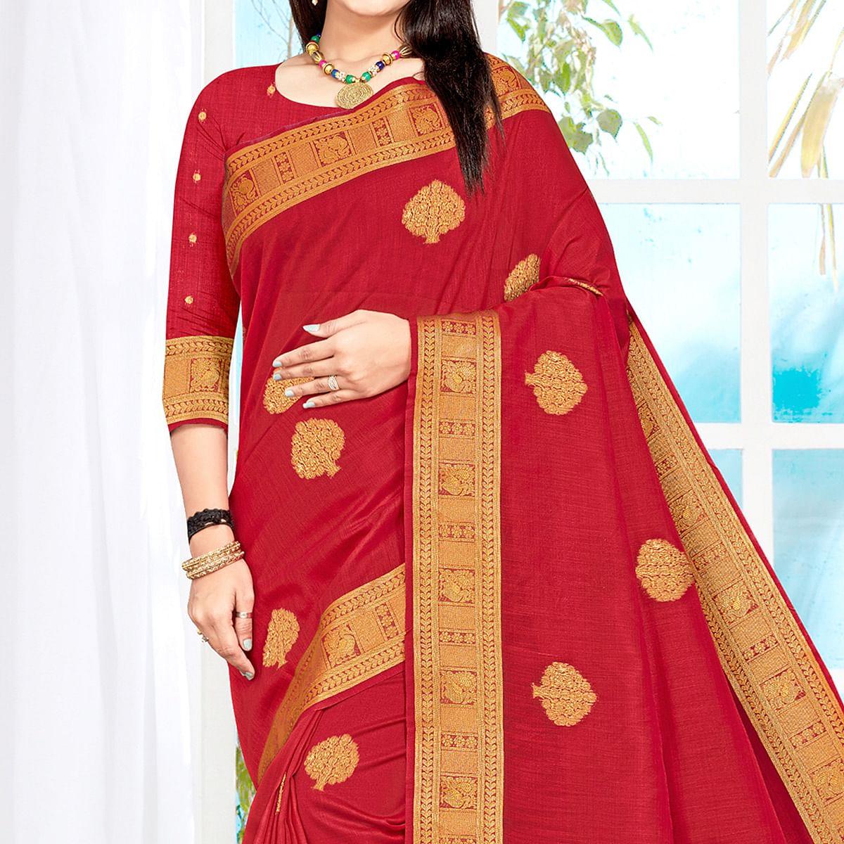 Red Woven Cotton Silk Saree - Peachmode