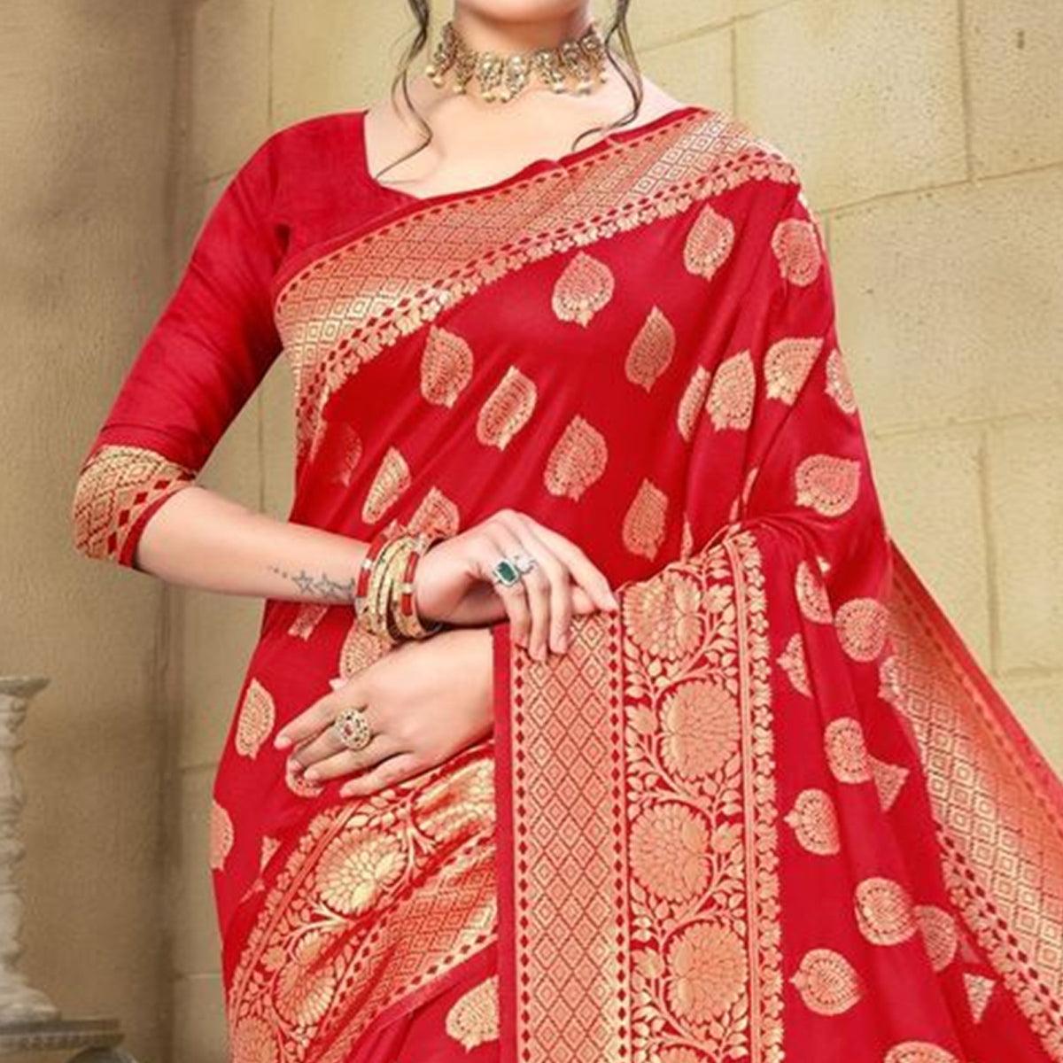 Red Woven Cotton Silk Saree - Peachmode