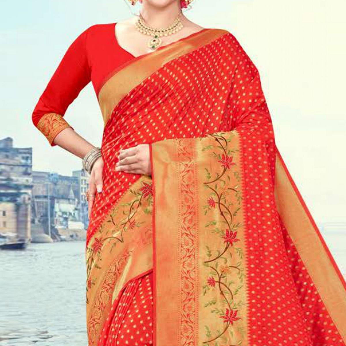 Red Woven Cotton Silk Saree - Peachmode