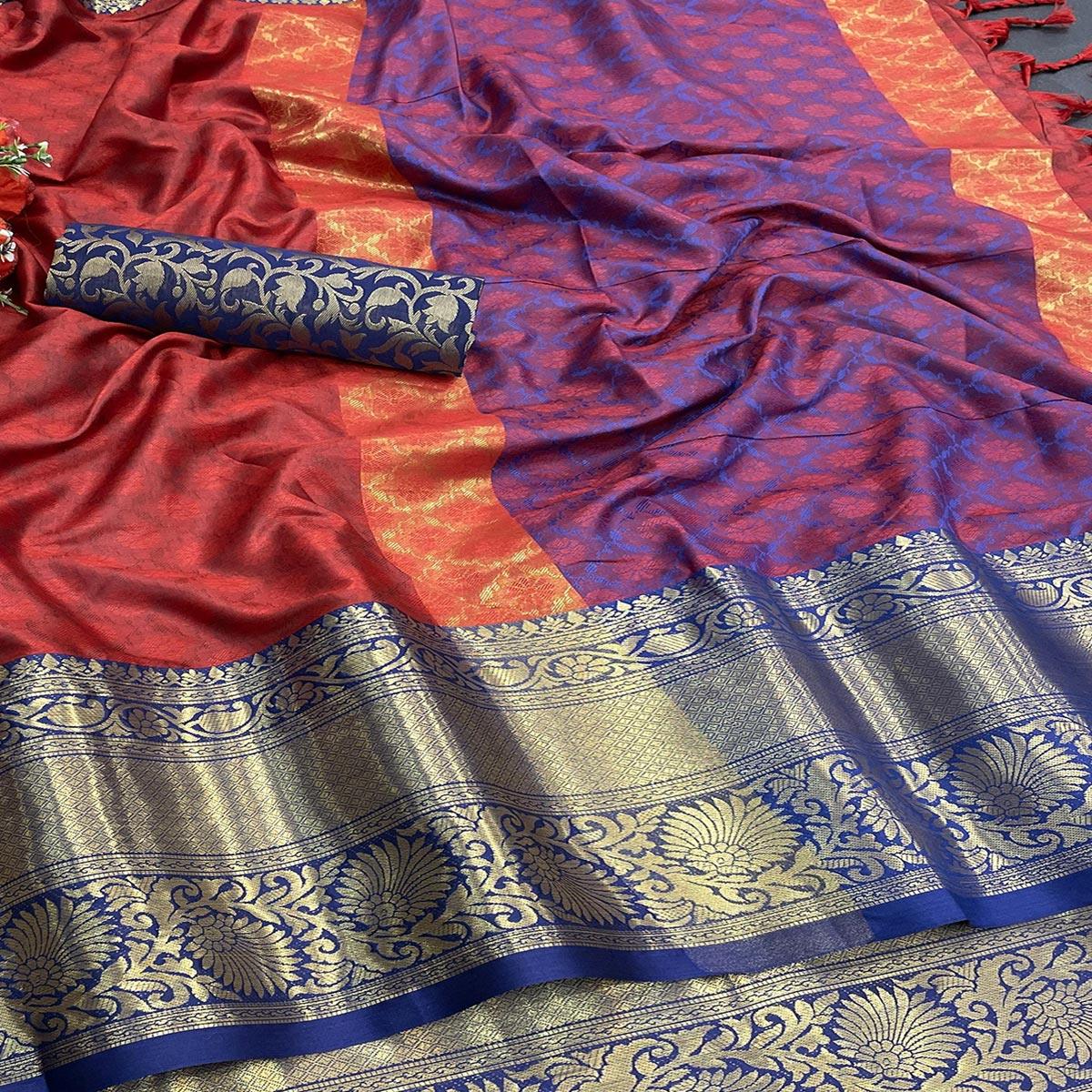 Red Woven Cotton Silk Saree - Peachmode