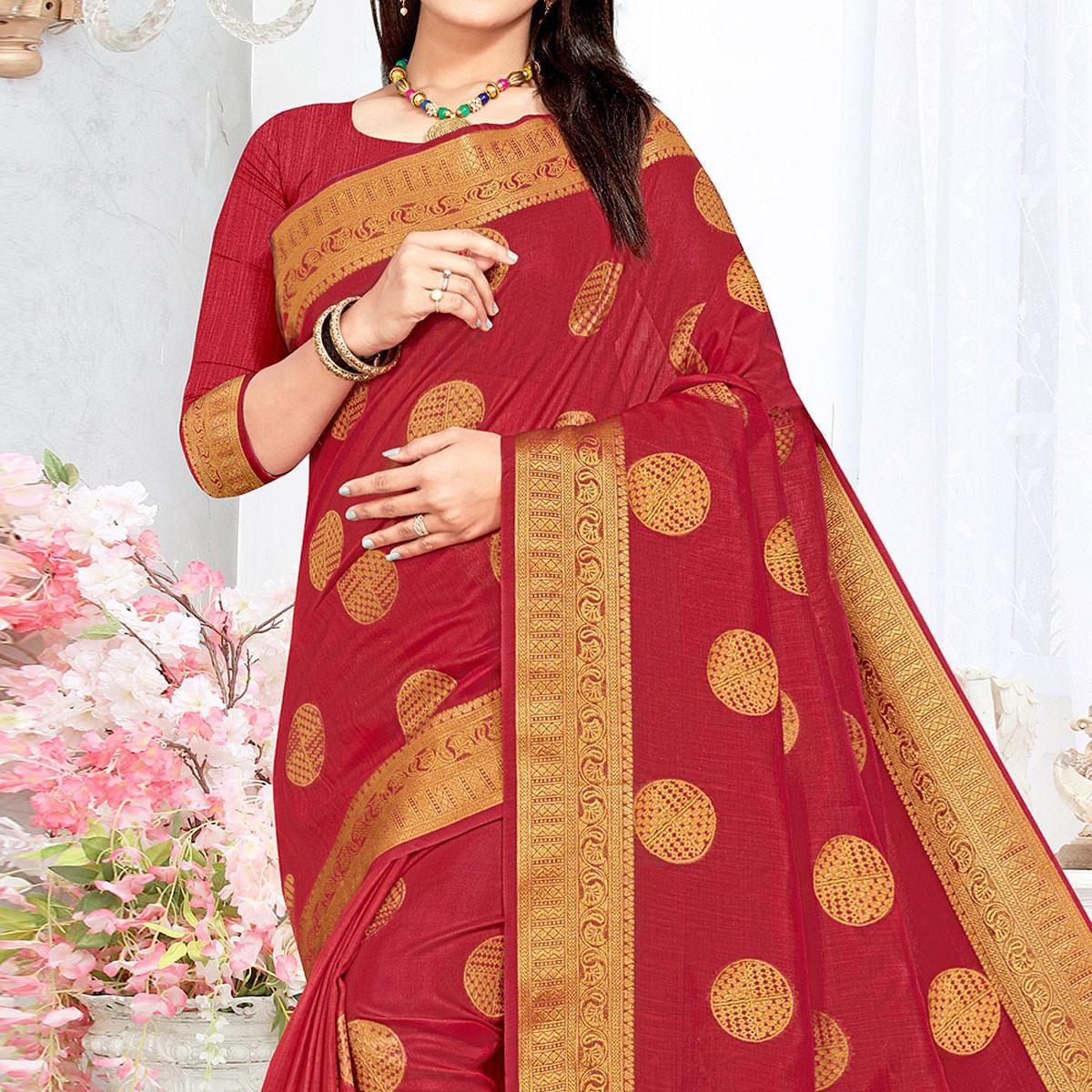 Red Woven Cotton Silk Saree - Peachmode