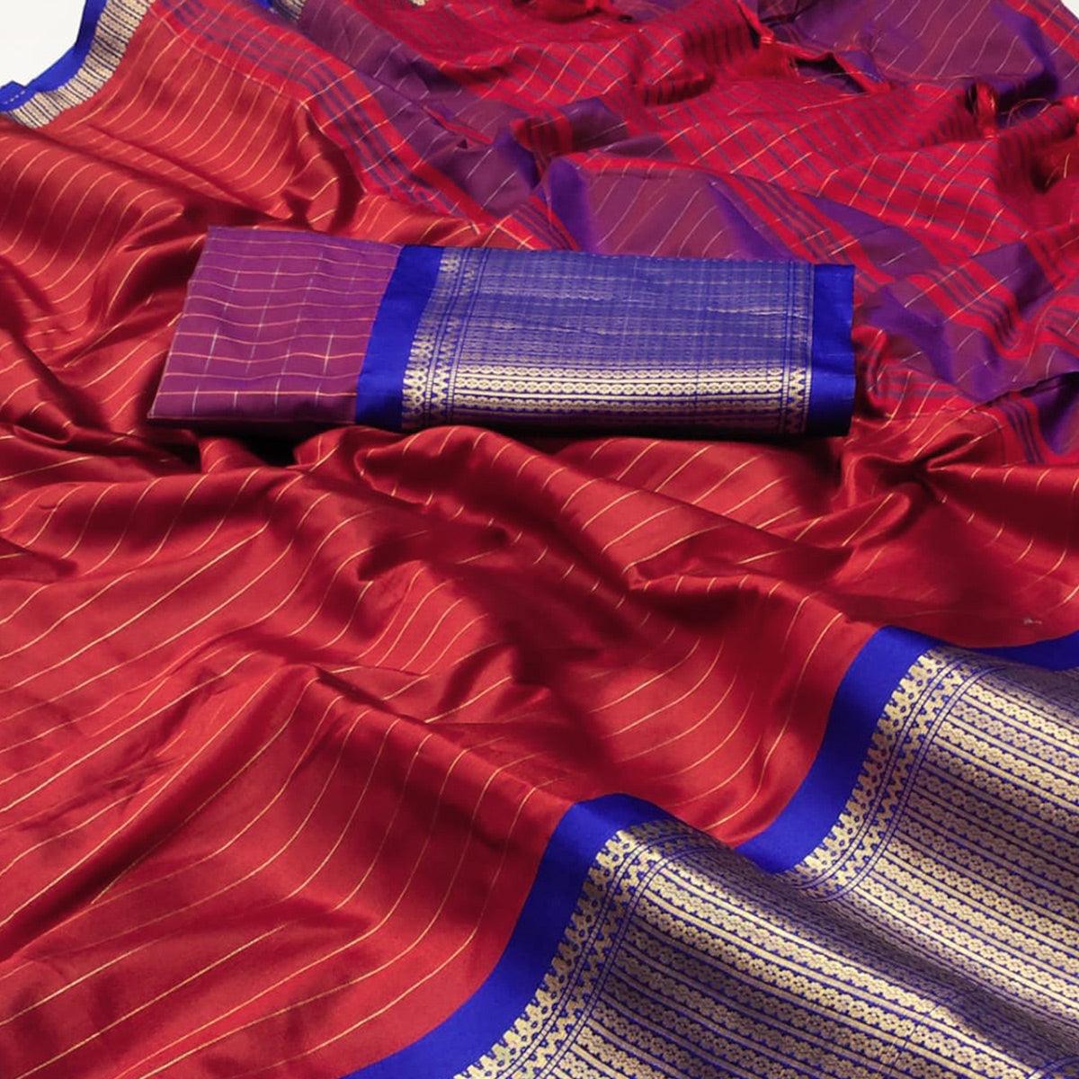 Red Woven Cotton Silk Saree - Peachmode