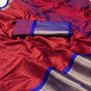 Red Woven Cotton Silk Saree - Peachmode