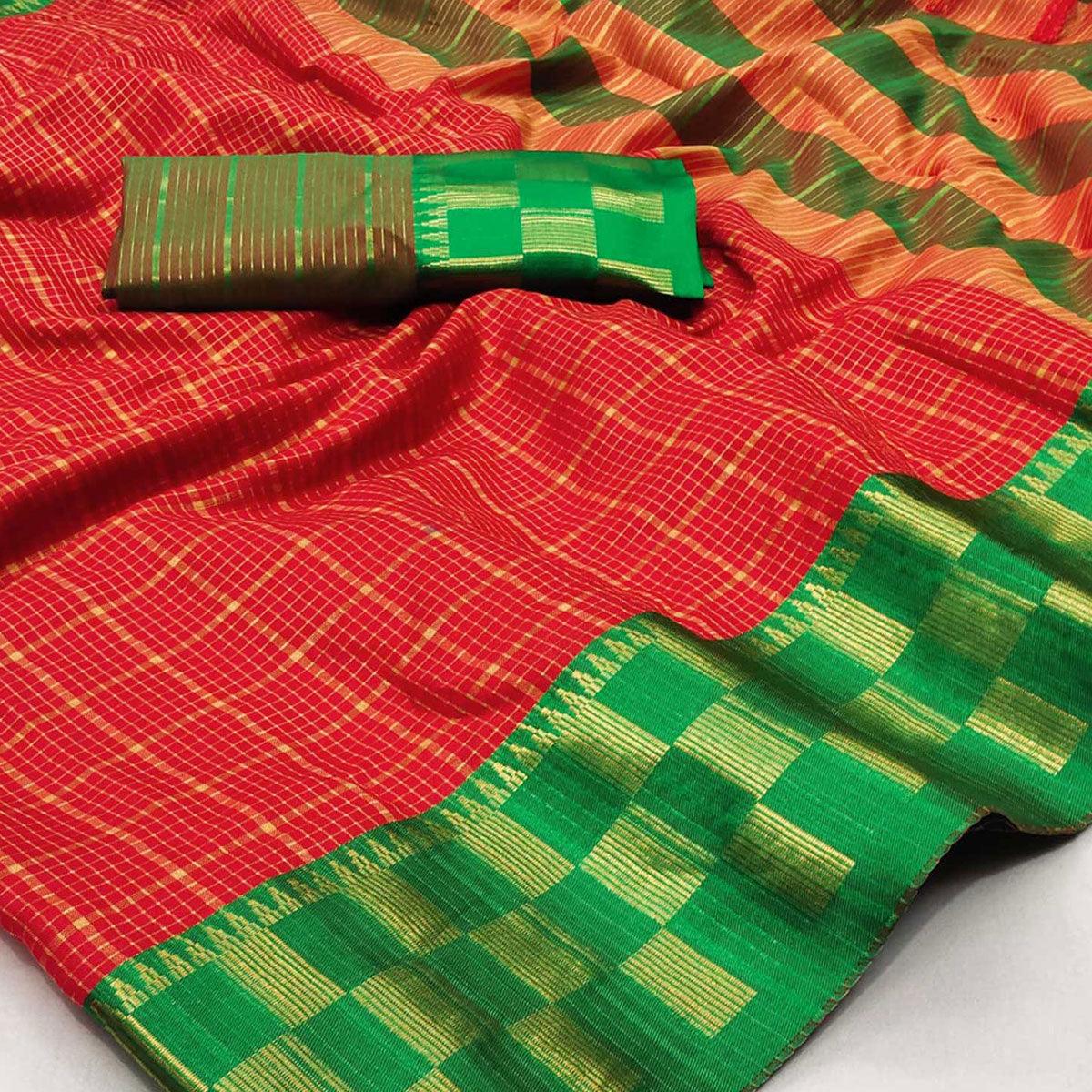 Red Woven Cotton Silk Saree - Peachmode