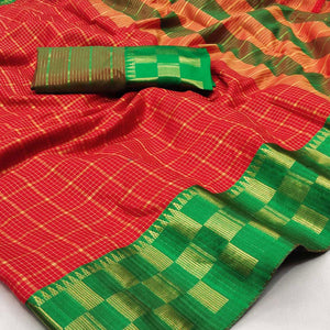 Red Woven Cotton Silk Saree - Peachmode