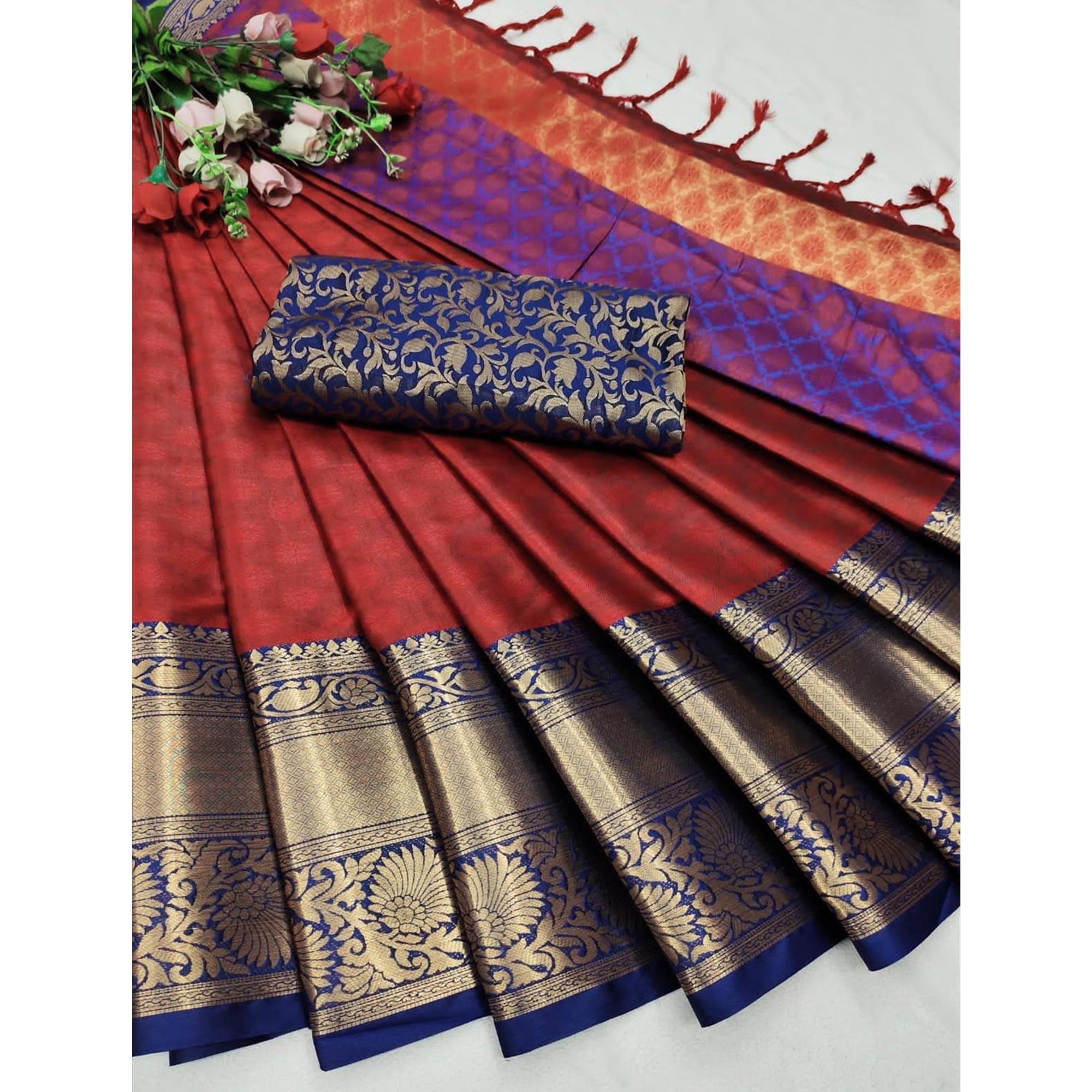 Red Woven Cotton Silk Saree - Peachmode