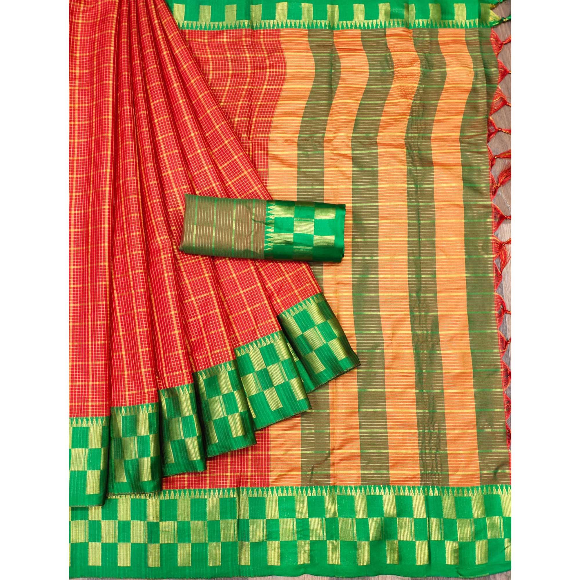 Red Woven Cotton Silk Saree - Peachmode