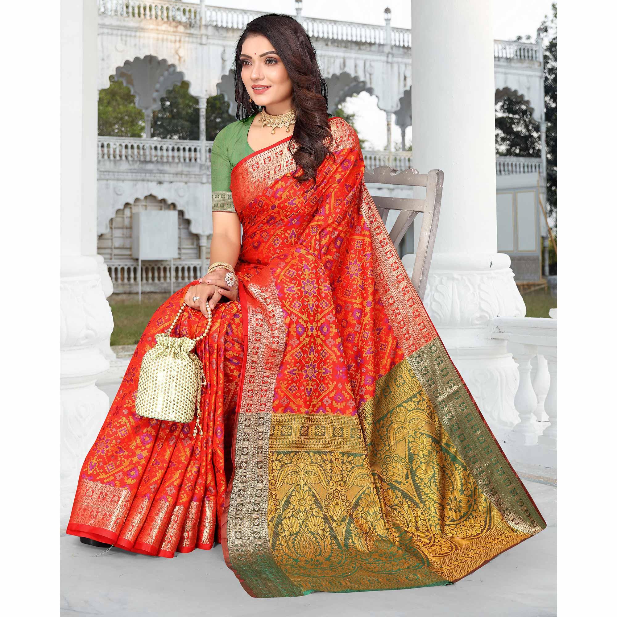 Red Woven Cotton Silk Saree - Peachmode