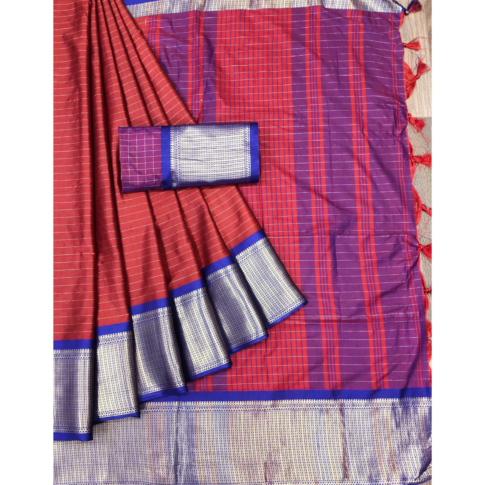 Red Woven Cotton Silk Saree - Peachmode