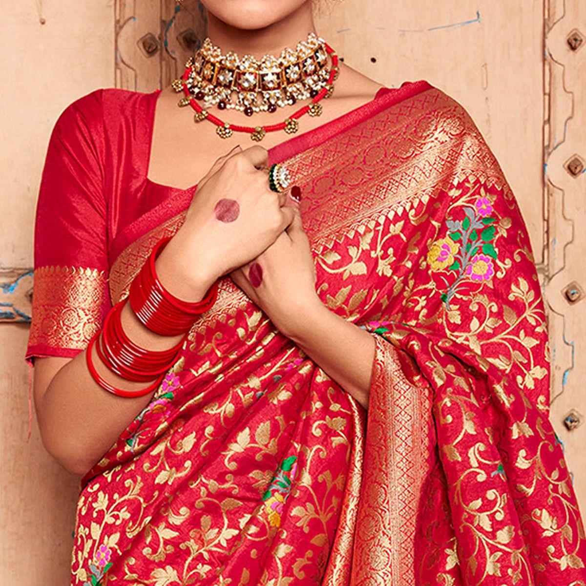 Red Woven Dola Silk Saree - Peachmode