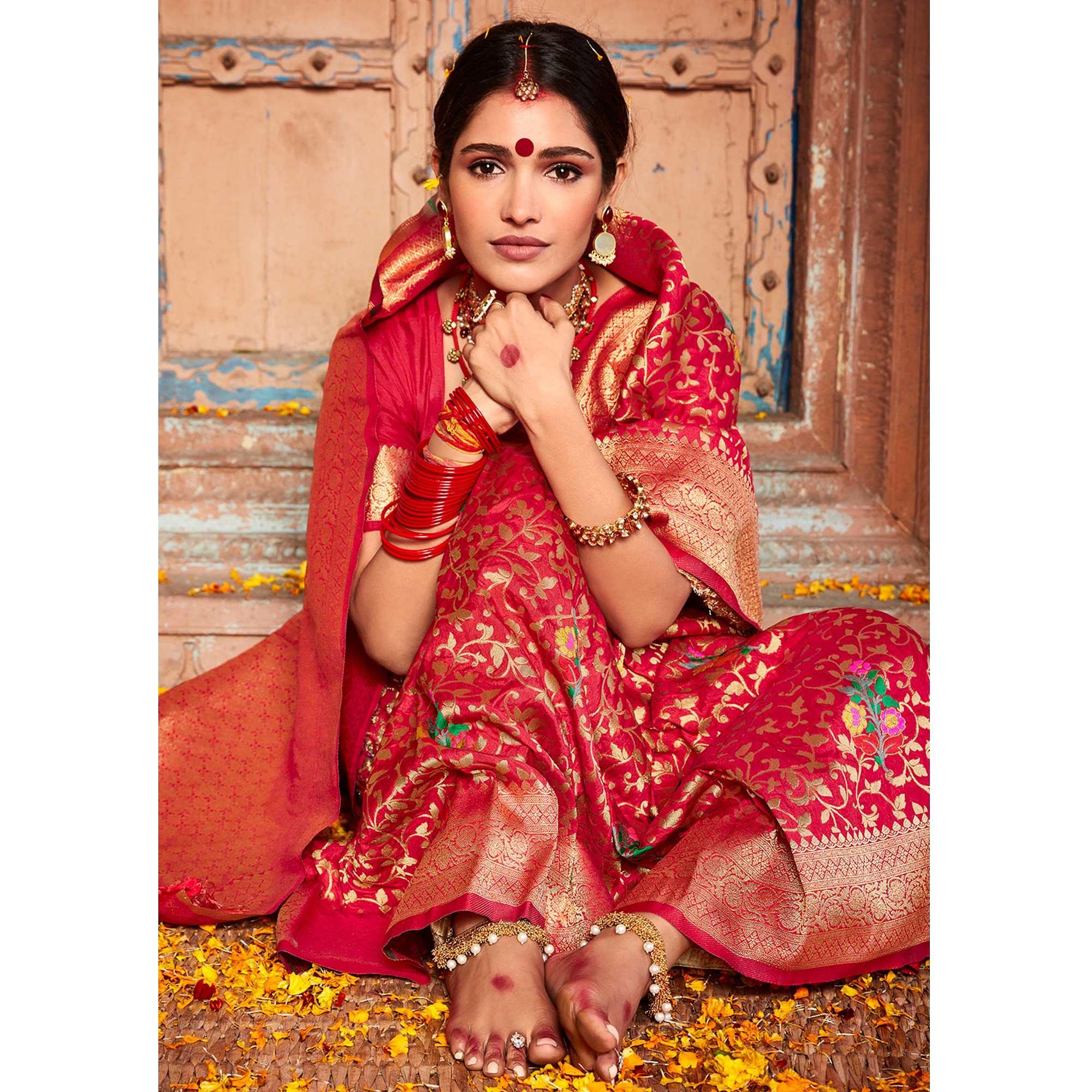 Red Woven Dola Silk Saree - Peachmode