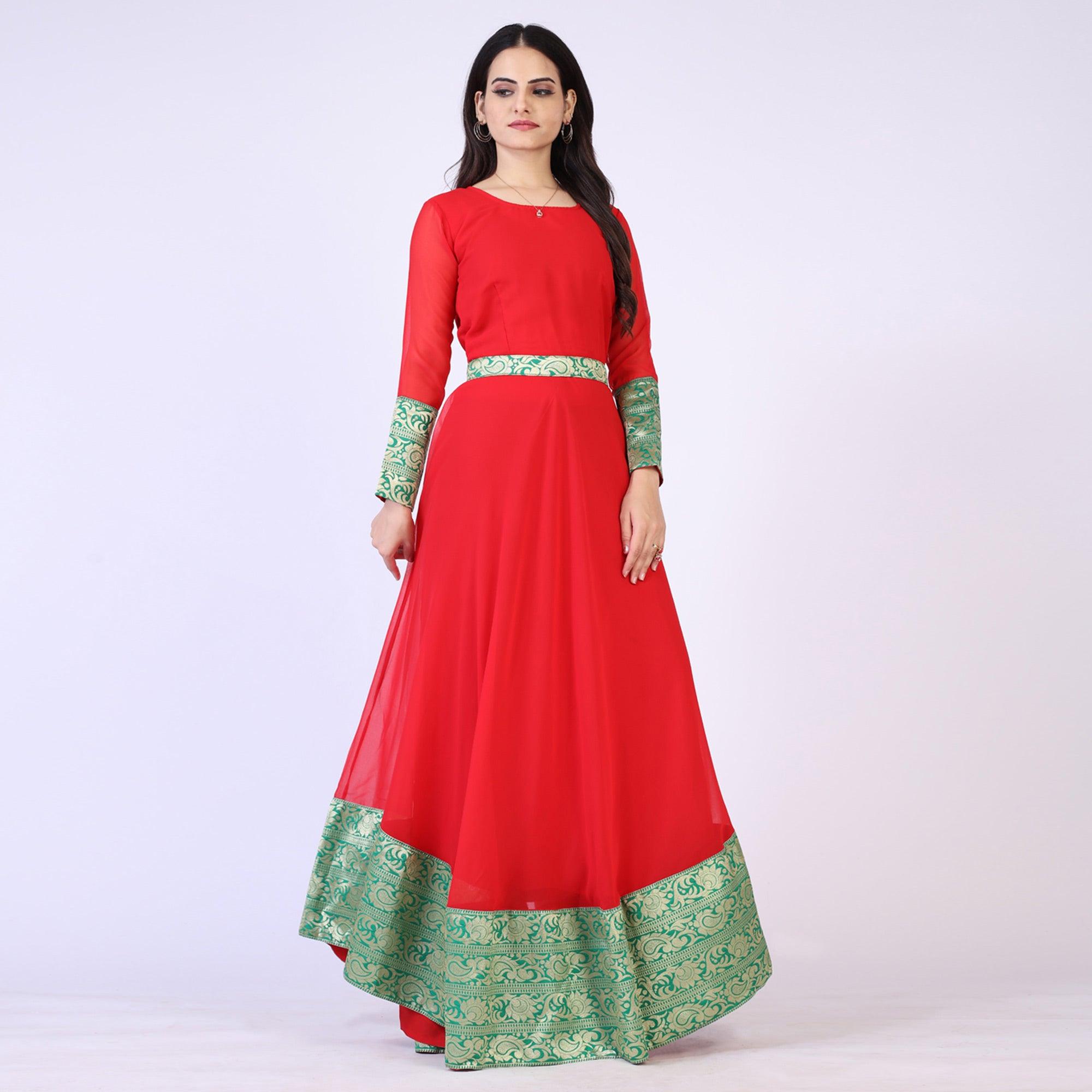 Red Woven Georgette Gown - Peachmode