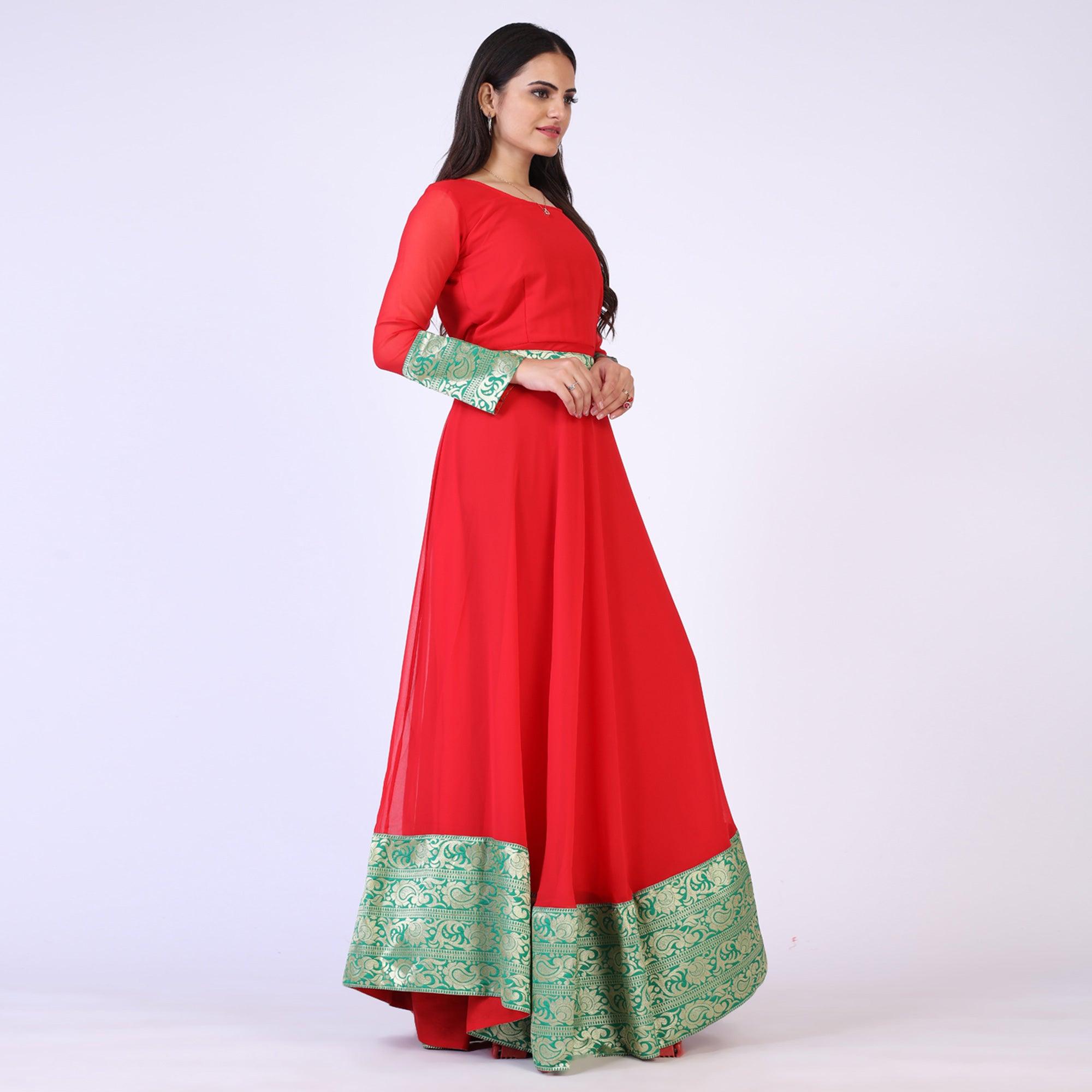 Red Woven Georgette Gown - Peachmode