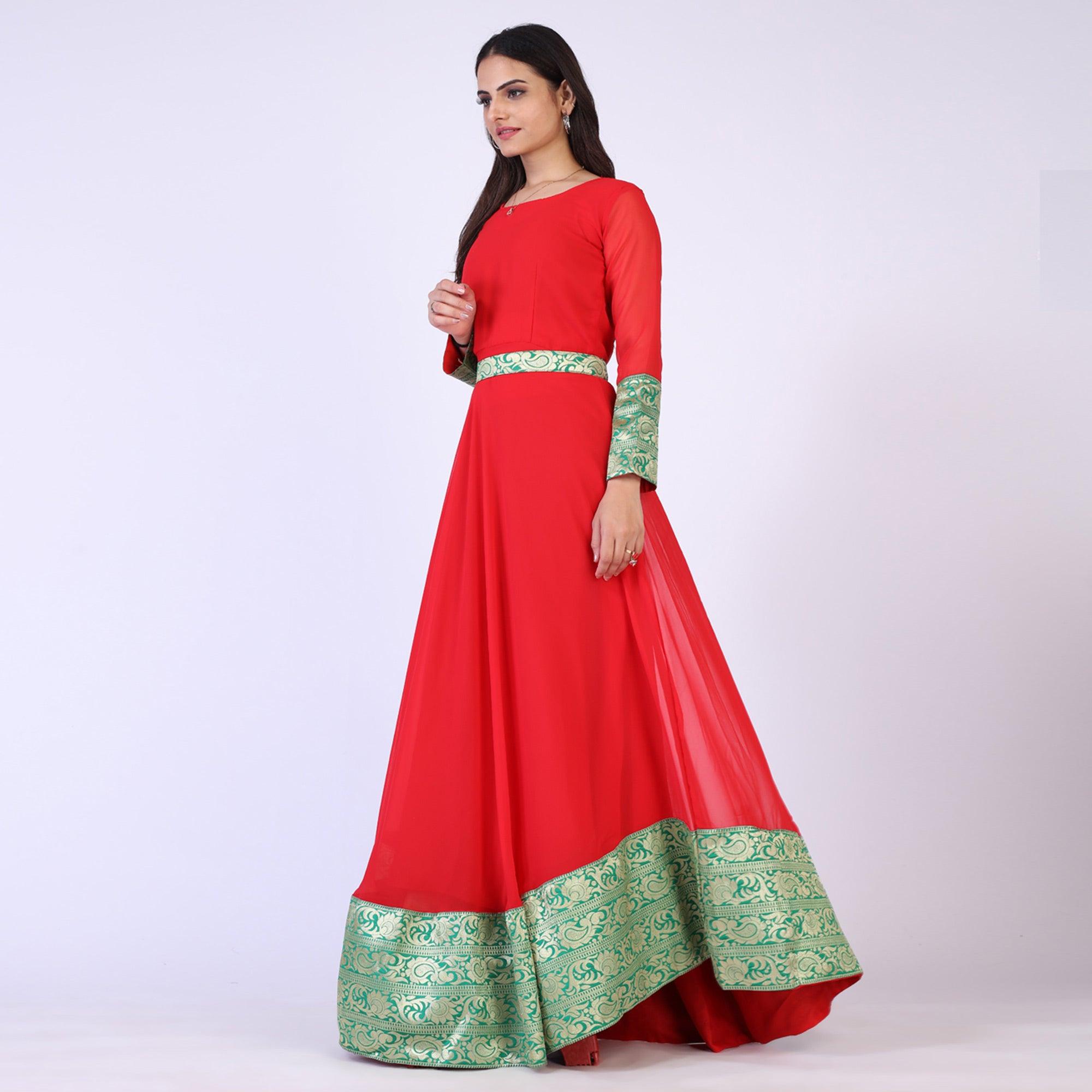 Red Woven Georgette Gown - Peachmode