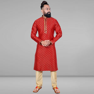 Red Woven Jacquard Kurta Pyjama Set - Peachmode