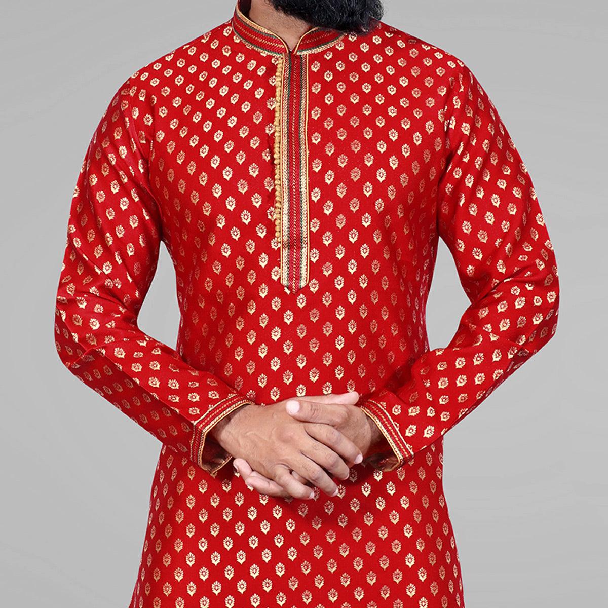 Red Woven Jacquard Kurta Pyjama Set - Peachmode
