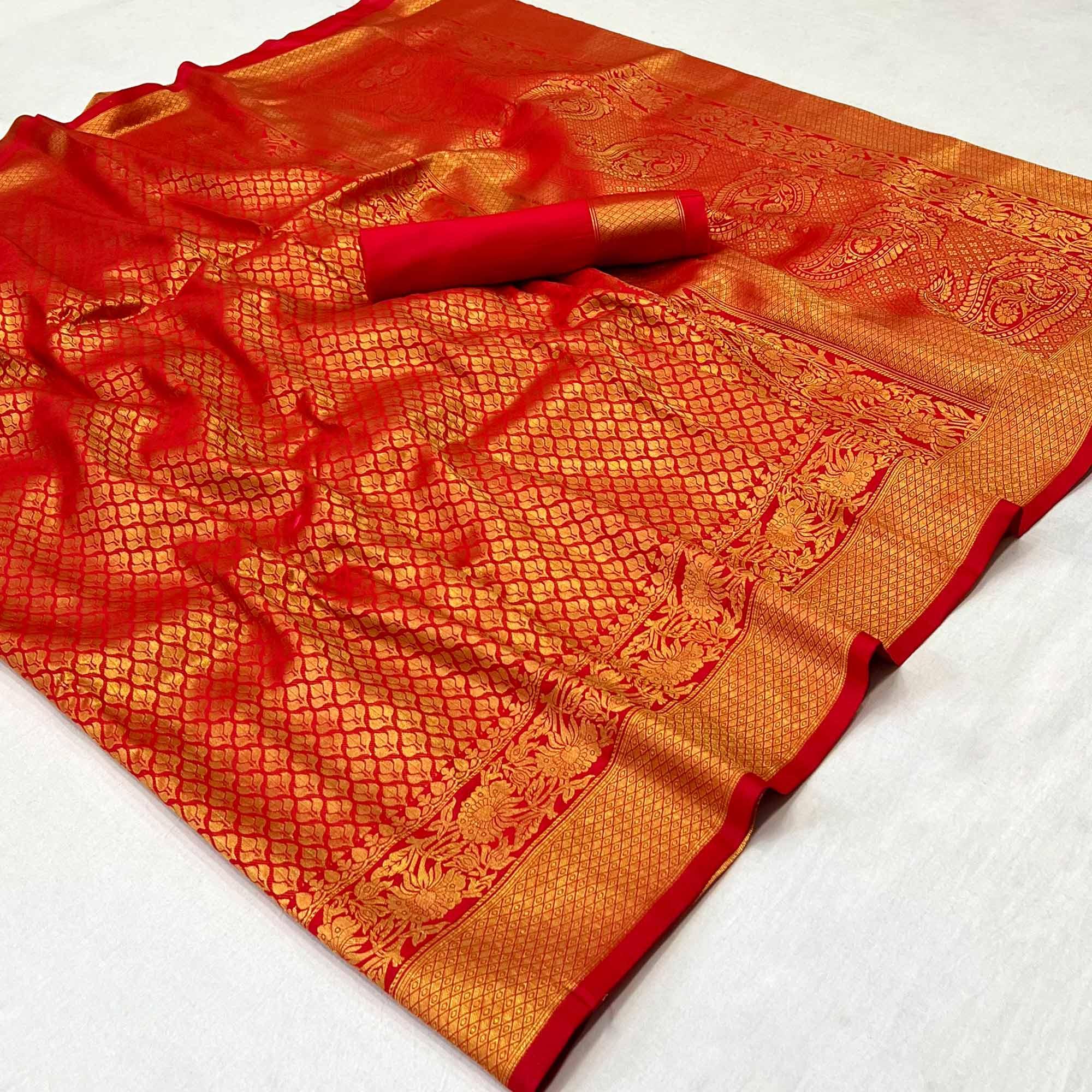 Red Woven Jacquard Saree - Peachmode