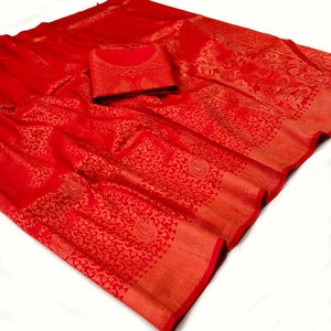 Red Woven Jacquard Saree - Peachmode