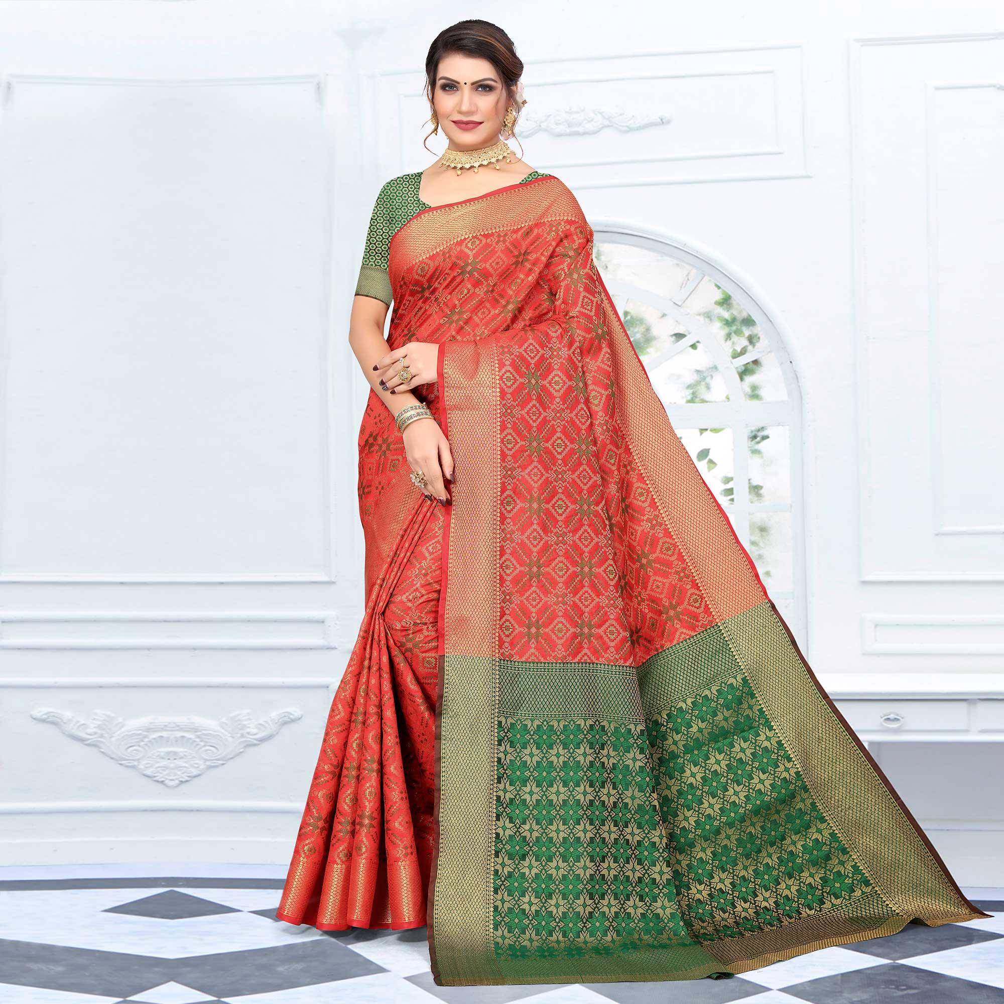 Red Woven Jacquard Saree - Peachmode