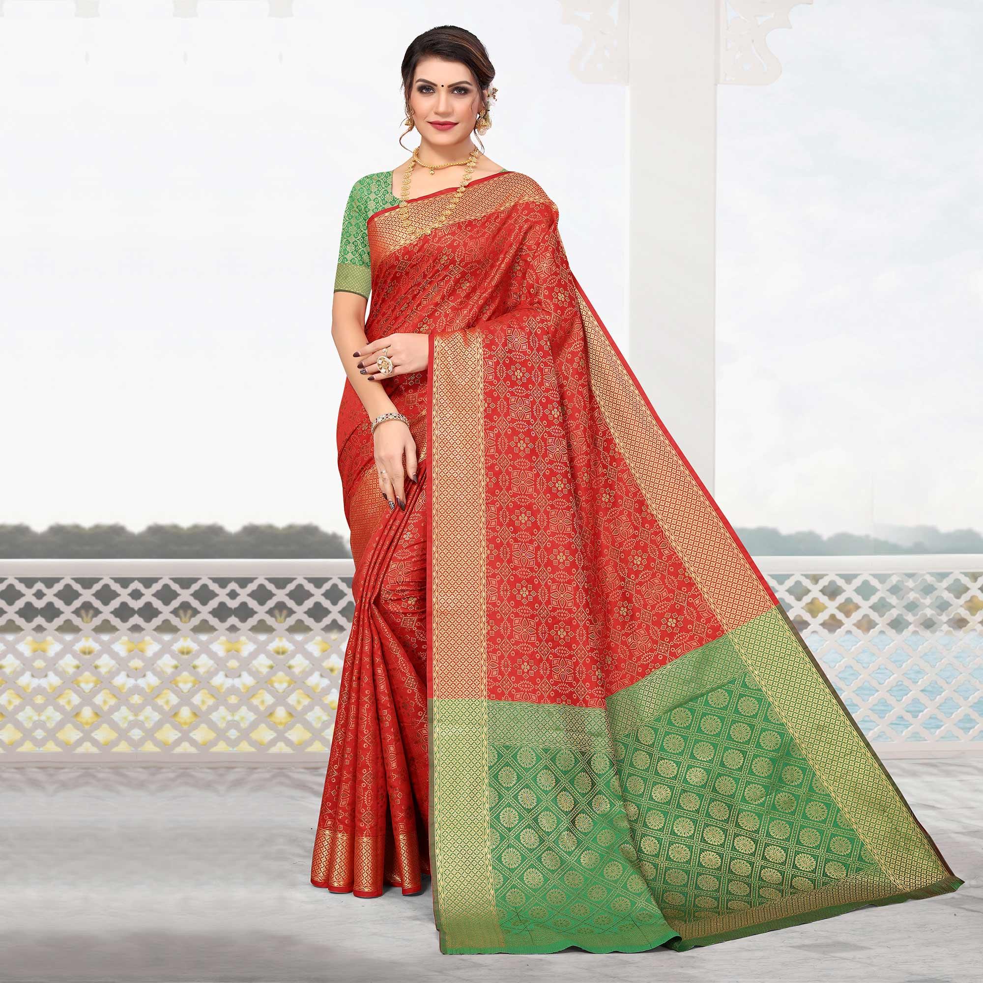 Red Woven Jacquard Saree - Peachmode