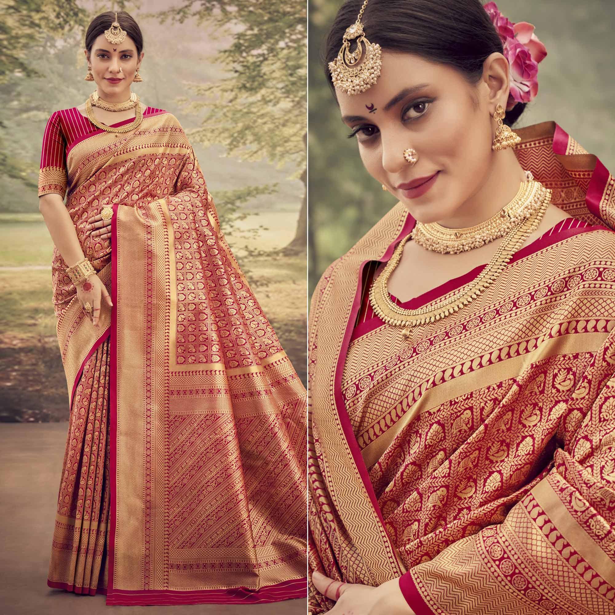 Red Woven Jacquard Saree - Peachmode