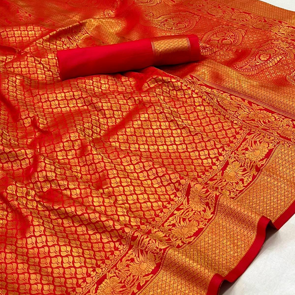 Red Woven Jacquard Saree - Peachmode