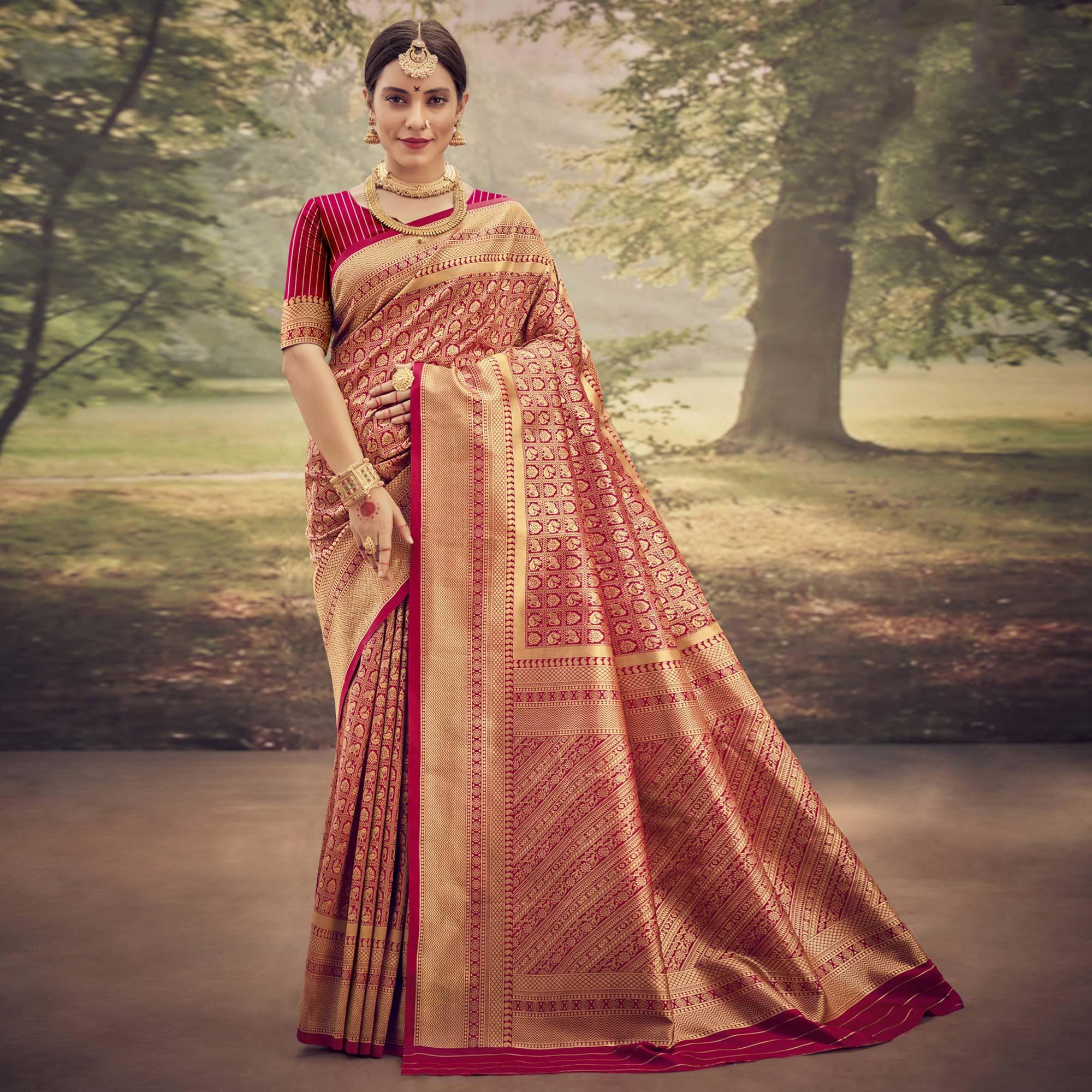 Red Woven Jacquard Saree - Peachmode